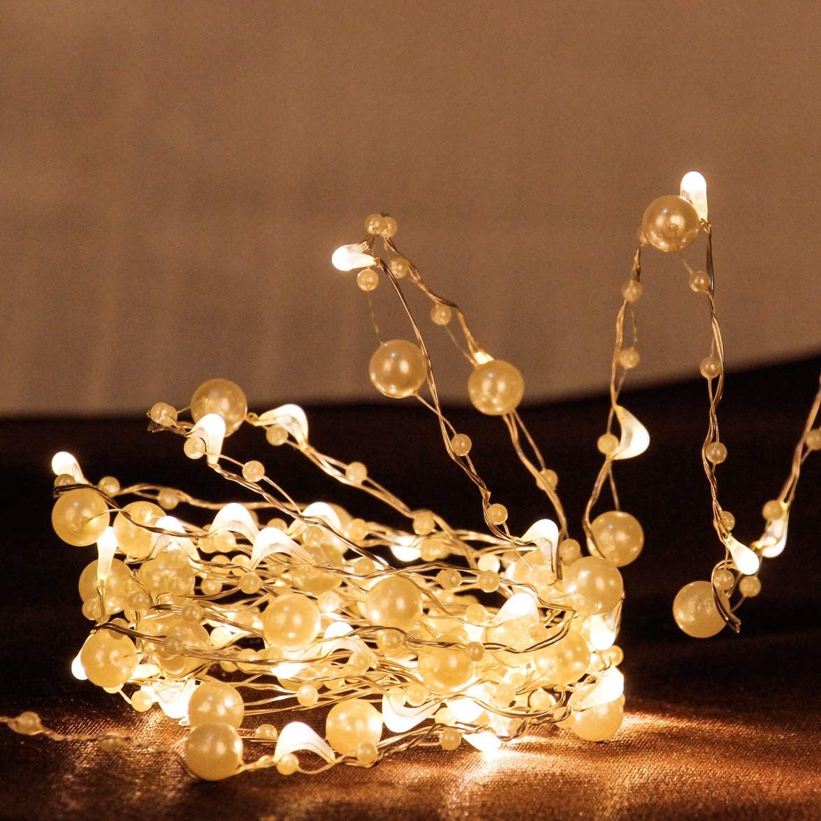 Impress Life Guirnalda de luces de perlas de océano, tejido hecho a mano, alambre de cobre de perlas sintéticas marfil, 10 pies con control remoto