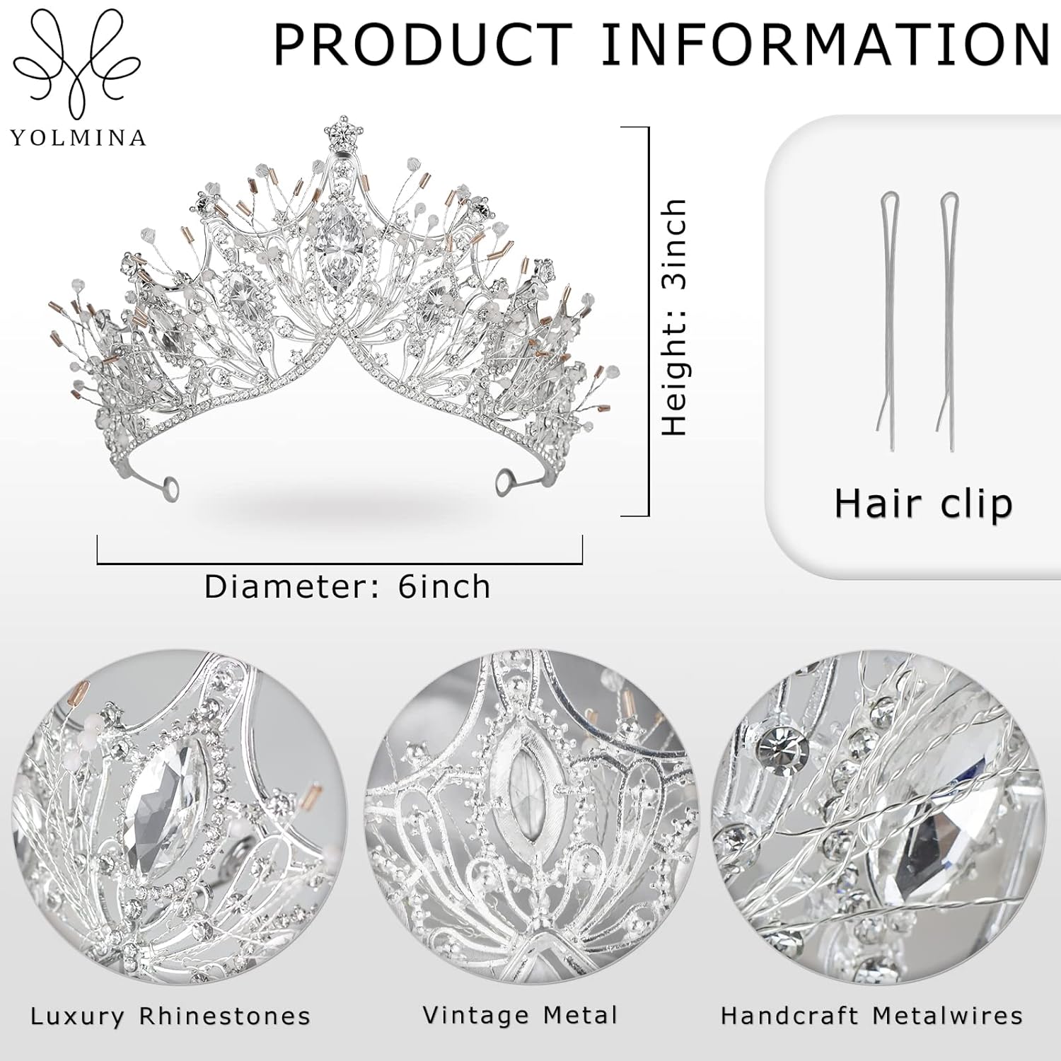 Yolmina Corona barroca de reina, corona de boda plateada y tiara para novia, hecha a mano, diadema de diamantes de imitación de cristal de princesa