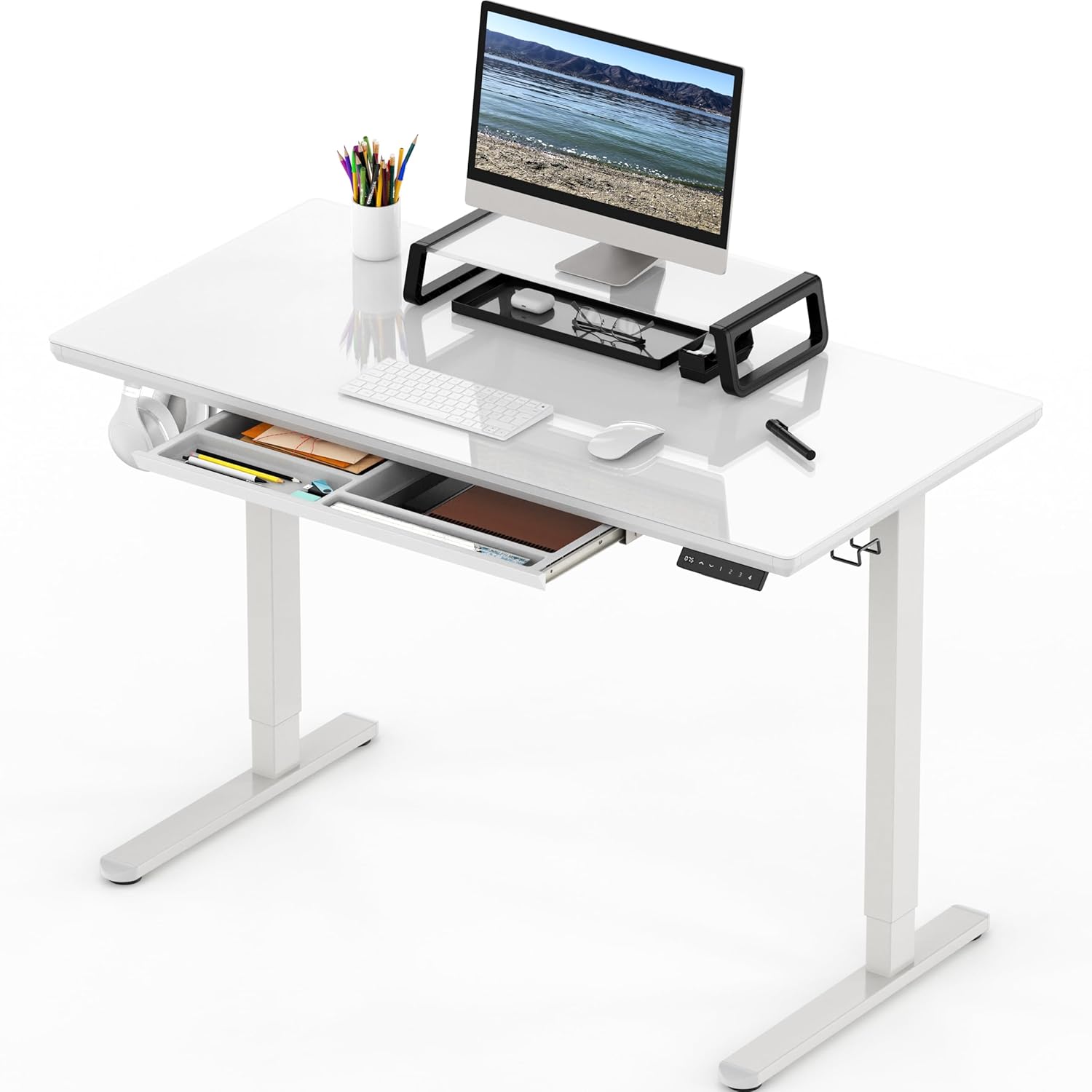 SHW  48 pulgadas  Escritorio eléctrico de altura ajustable de vidrio de una pieza completa  Elevador de monitor y cajón incluidos  Blanco