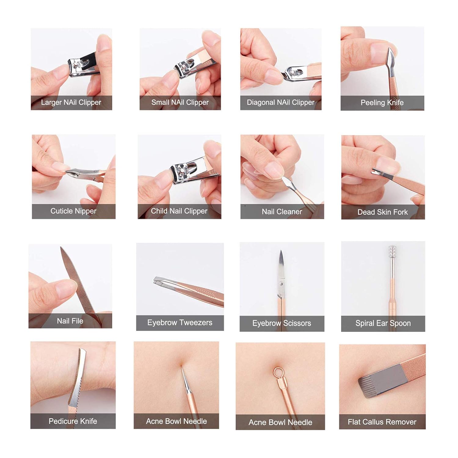 AYALLEAA Kit de manicura cortaúñas juego de pedicura 18 en 1 de acero inoxidable profesional herramientas de cuidado de la nariz, tijeras para el