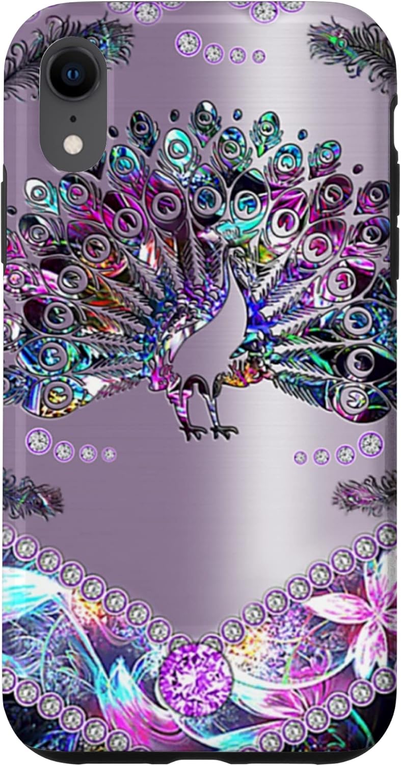 Funda de PC para iPhone XR Peacock-Gemstone Feathers