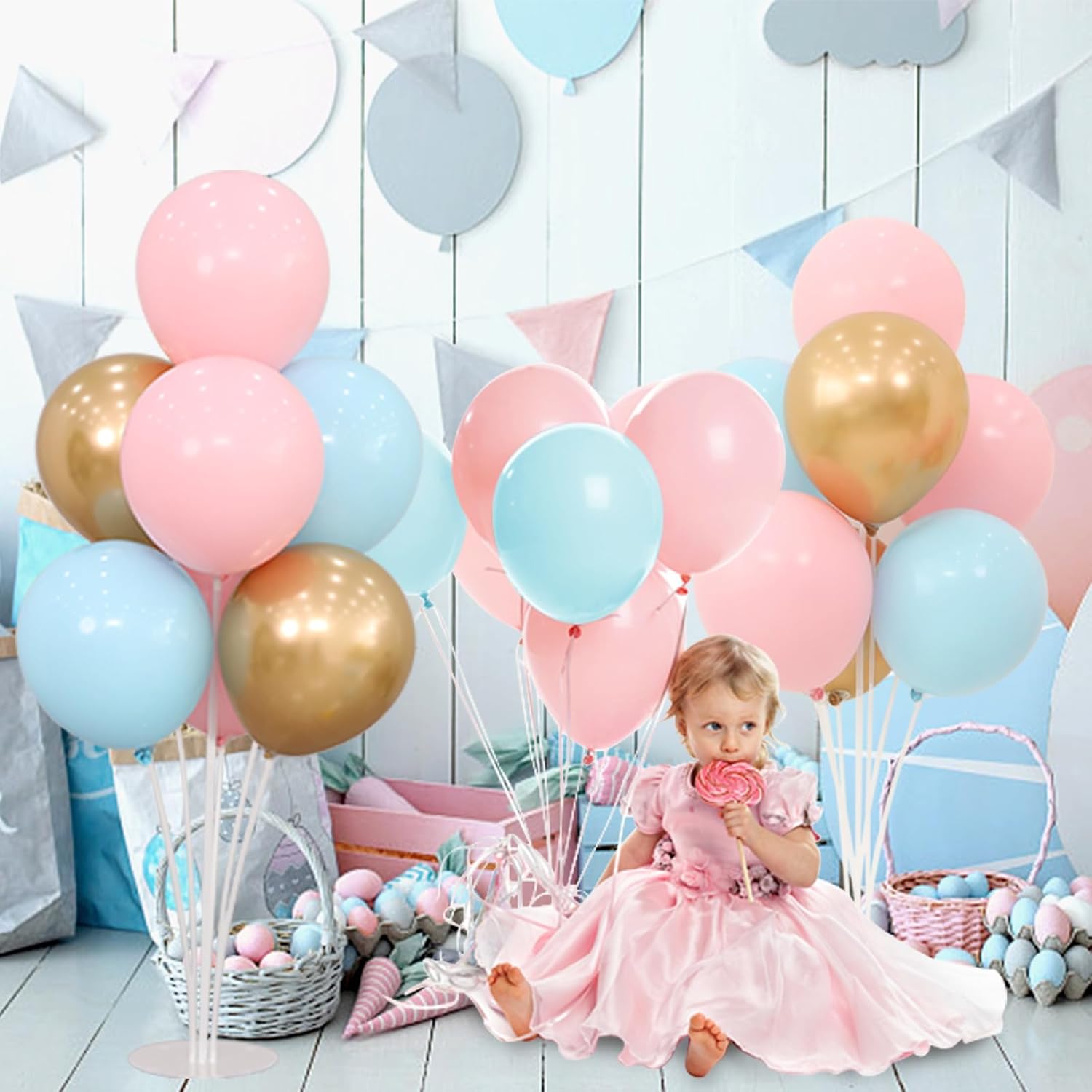 4 soportes para globos de revelación de género, centros de mesa con globos rosados y azules para decoración de piso de mesa