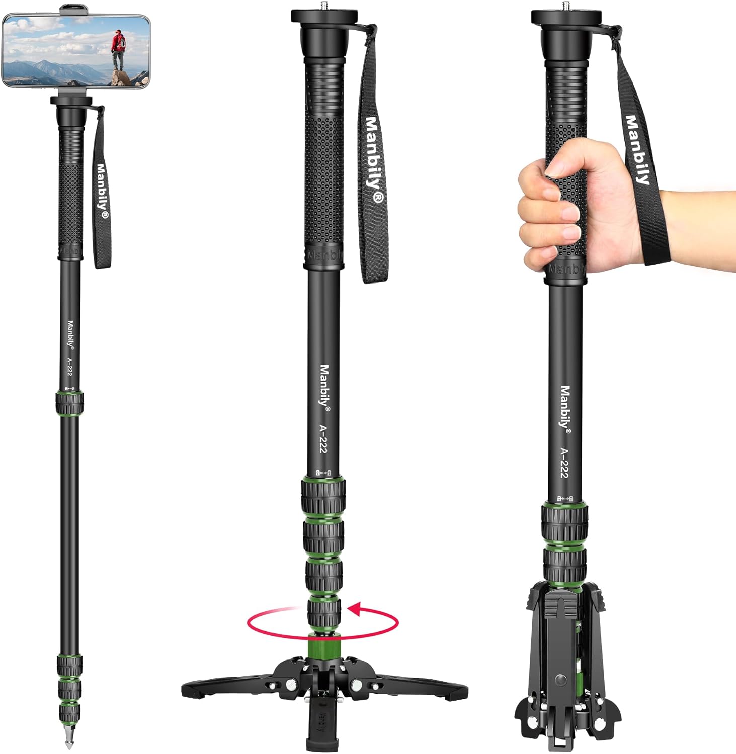 Monopod con pies, monopie para cámara Manbily de 67 pulgadas, soporte monopie de aluminio con base de trípode, monopie de viaje ligero para cámara