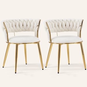 HOOLETE Juego de 2 sillas de comedor de terciopelo con patas de metal dorado, sillas decorativas tapizadas tejidas, sillas laterales para sala de HOOLETE Juego de 2 sillas de comedor de terciopelo con patas de metal dorado, sillas decorativas tapizadas tejidas, sillas laterales para sala de