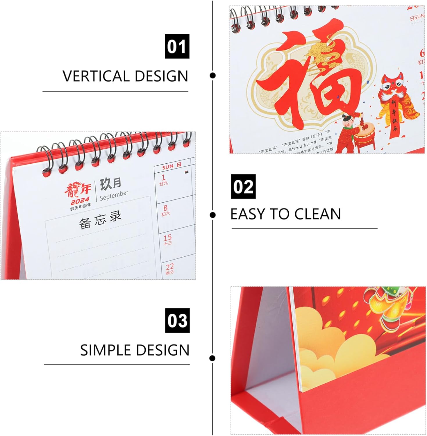 NUOBESTY Calendario chino de escritorio 2024, calendario del año del dragón, calendario de escritorio chino lunar en espiral, calendario para