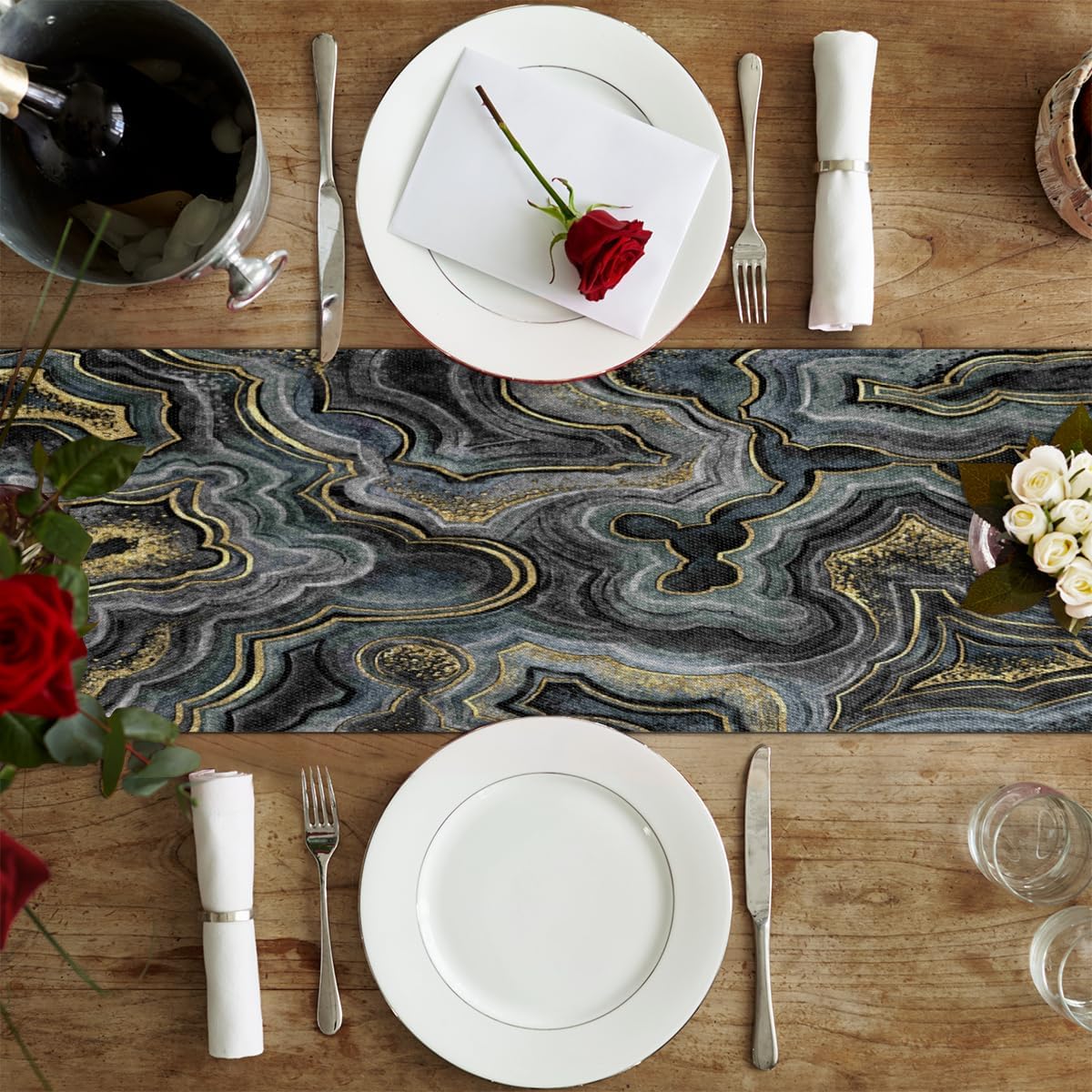 Camino de mesa con textura brillante de mármol, mantel de lino rústico para cocina de granja, cena, eventos, fiesta, decoración de mesa de