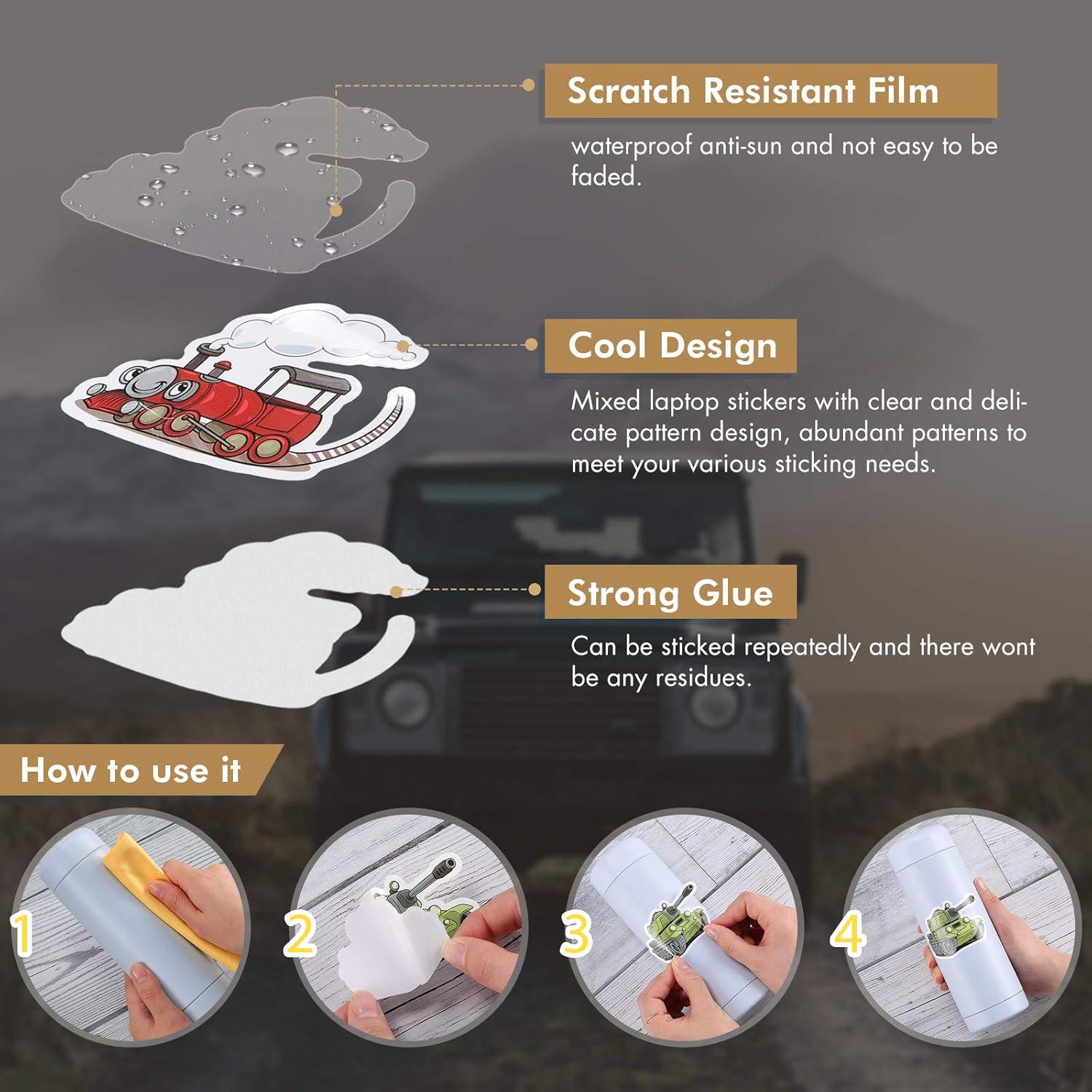 100 calcomanías para camiones y automóviles para botellas de agua, impermeables, estilo vehículo, para transporte, laptop, calcomanías decorativas