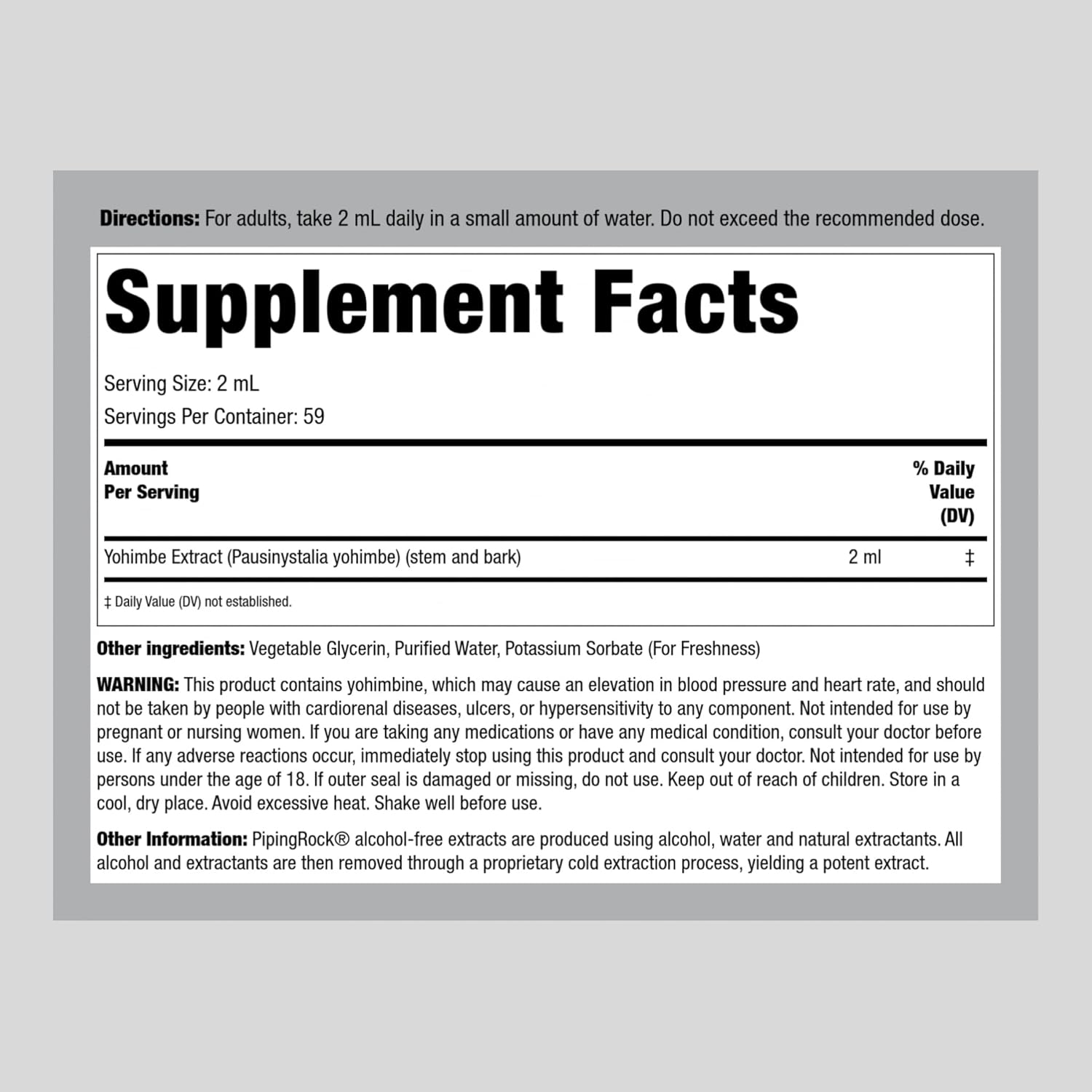 Super Yohimbe Extracto de corteza  4 onzas  Sin alcohol  Vegetariano, sin OMG, suplemento sin gluten  por Piping Rock