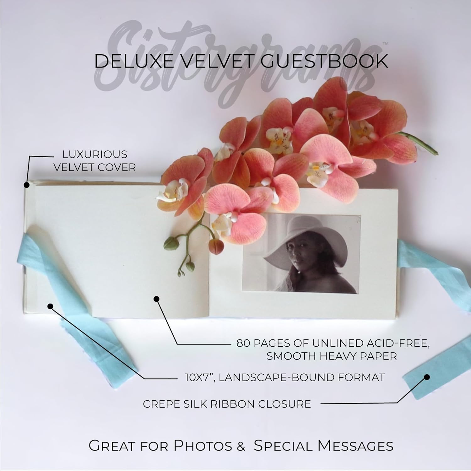 Libro de visitas de terciopelo de lujo de 10 x 7 pulgadas con cierre de cinta de seda crepé, diario encuadernado con paisaje para bodas, bebés,