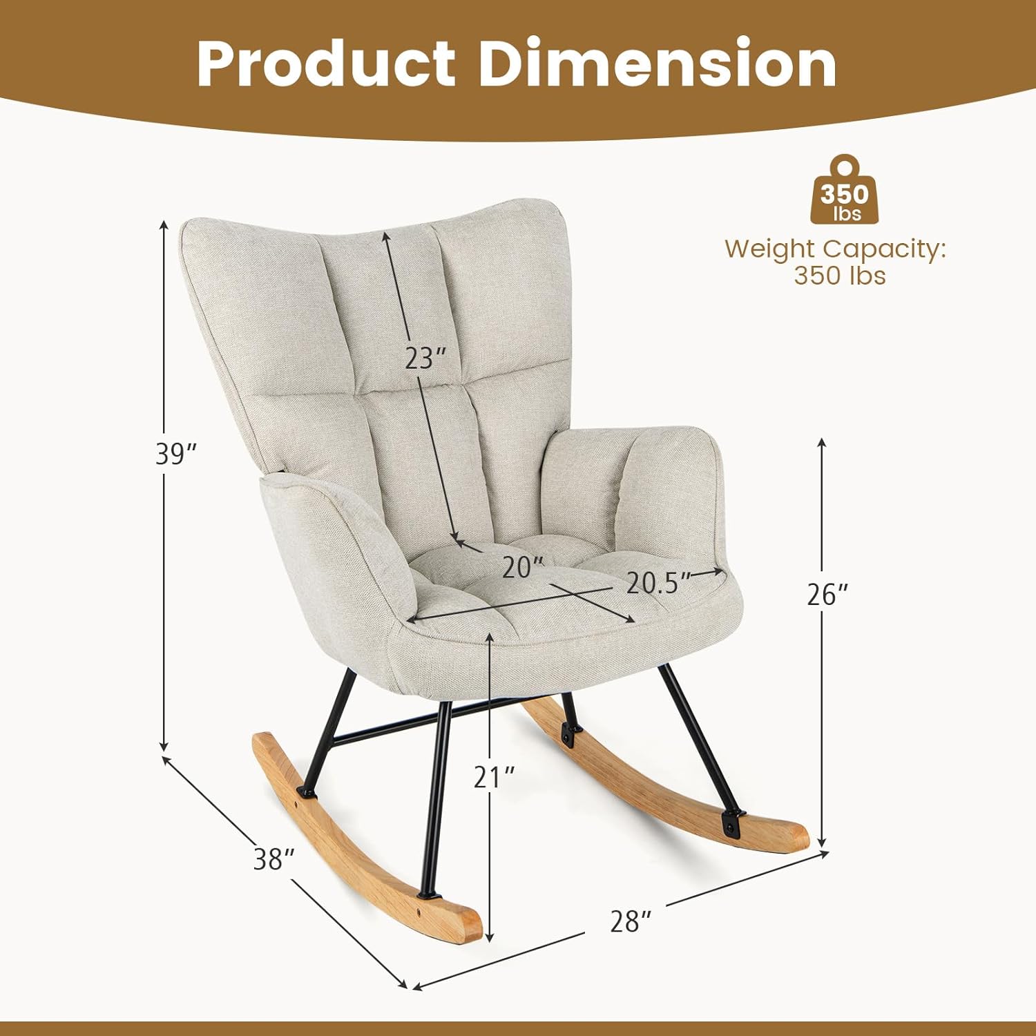 Giantex Mecedora para guardería, sillón moderno con respaldo alto, marco de metal sólido y madera, silla mecedora tapizada de lino para guardería,