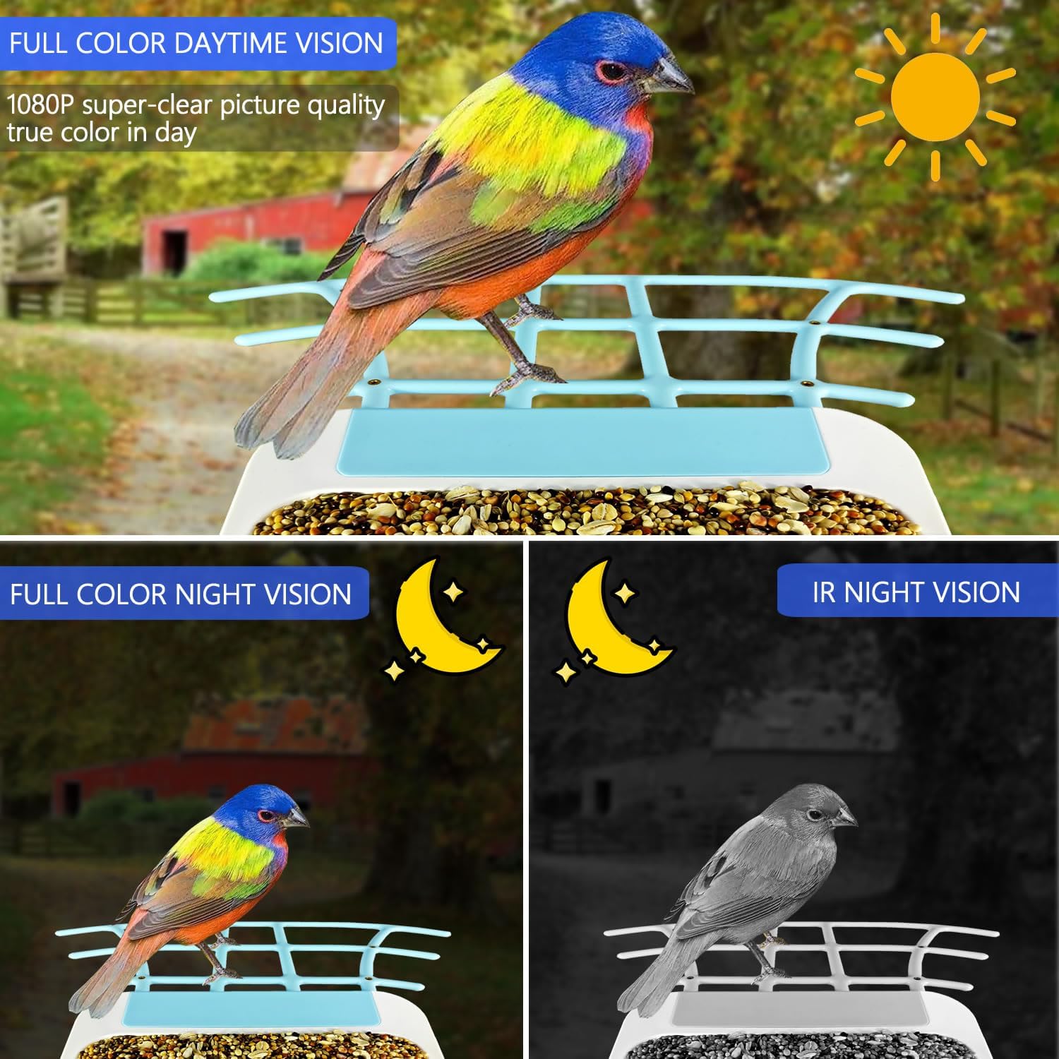 Comedero inteligente para pájaros con cámara alimentada por energía solar, video en vivo HD de 1080P y reproducción en teléfono, identificación AI