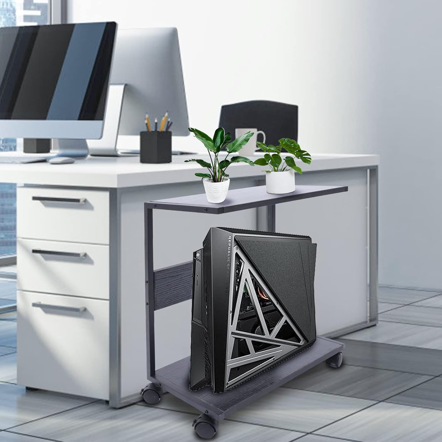 Soporte de PC con ruedas para debajo del escritorio, negro para computadora de escritorio con placas de melamina para el hogar, oficina, etc. Carga