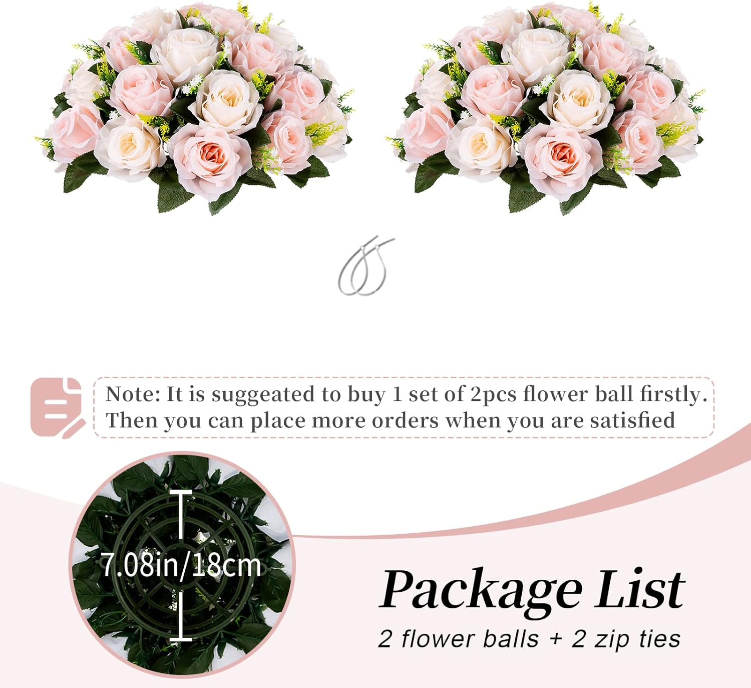 BLOSMON Centros de mesa de bola de flores falsas, 2 piezas de flores artificiales de 13.7 pulgadas, gran rubor y rosa blanca crema, arreglo central