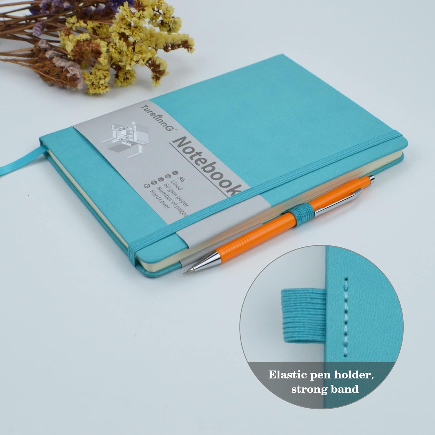 Cuaderno de diario rayado de 192 páginas (azulverde) cuaderno pequeño tamaño A6, cuaderno de bolsillo forrado con soporte para bolígrafo, tapa dura,