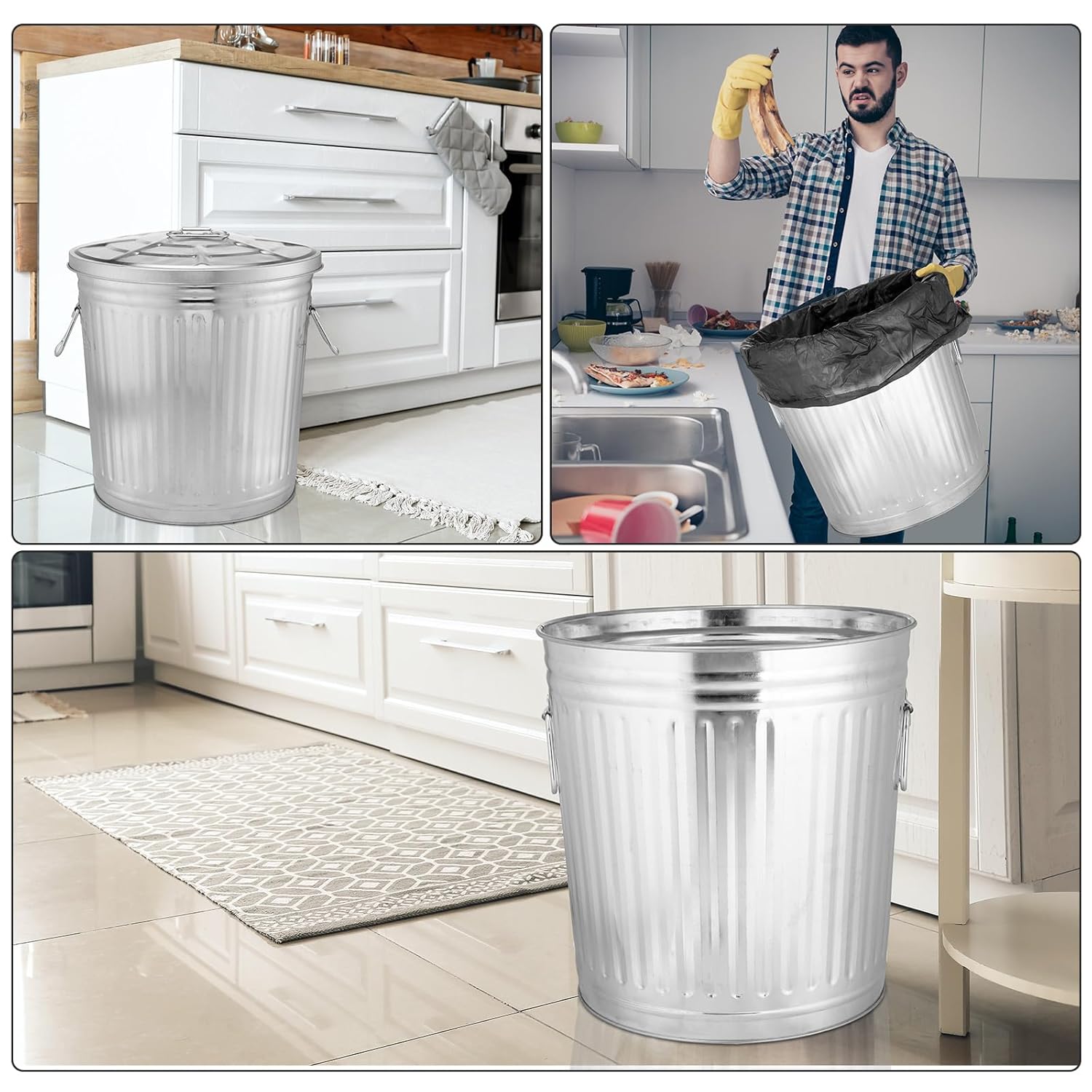 Ziliny Bote de basura galvanizado para interiores y exteriores, a prueba de mascotas, cubo de basura de metal con tapa, contenedor redondo para el