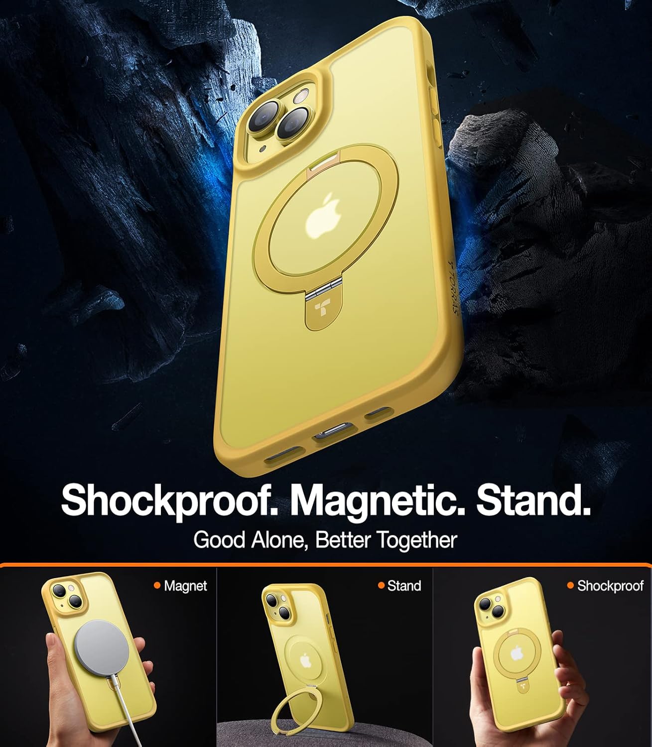 TORRAS Funda magnética UPRO Ostand para iPhone 14iPhone 13 de 6.1 pulgadas, compatible con MagSafe parte trasera dura mate con borde de silicona
