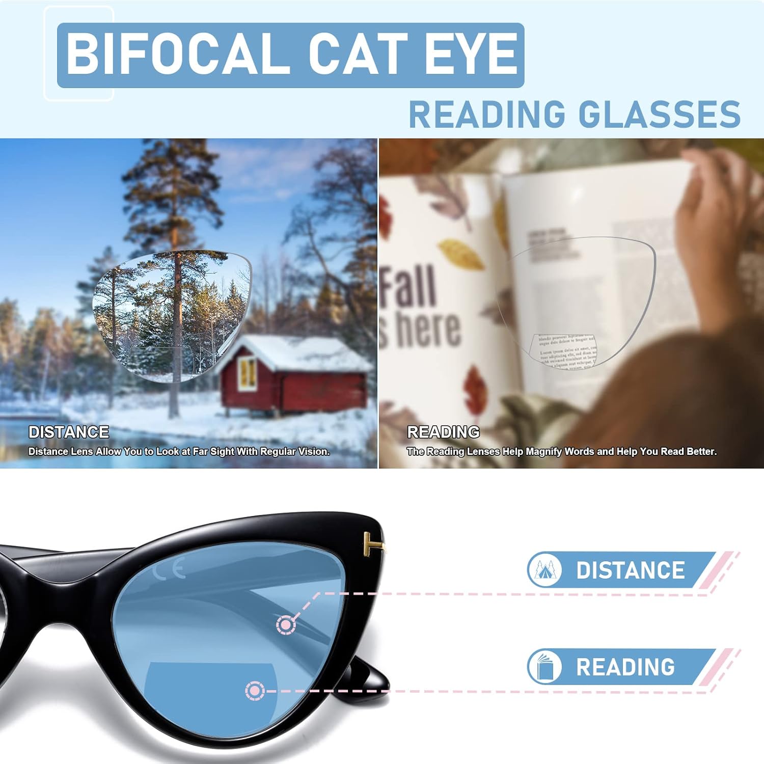 MMOWW Gafas de lectura bifocales de ojo de gato a la moda, lindo lector para mujer, paquete de 3 + 3.5