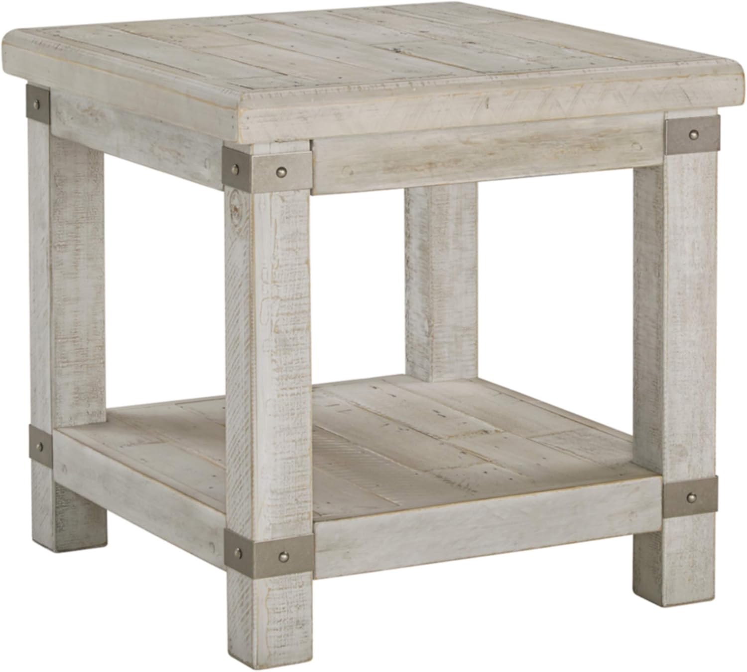 Signature Design by Ashley Carynhurst Farmhouse – Mesa auxiliar rectangular con estante inferior, 2 tomas eléctricas y 2 puertos USB, color blanco