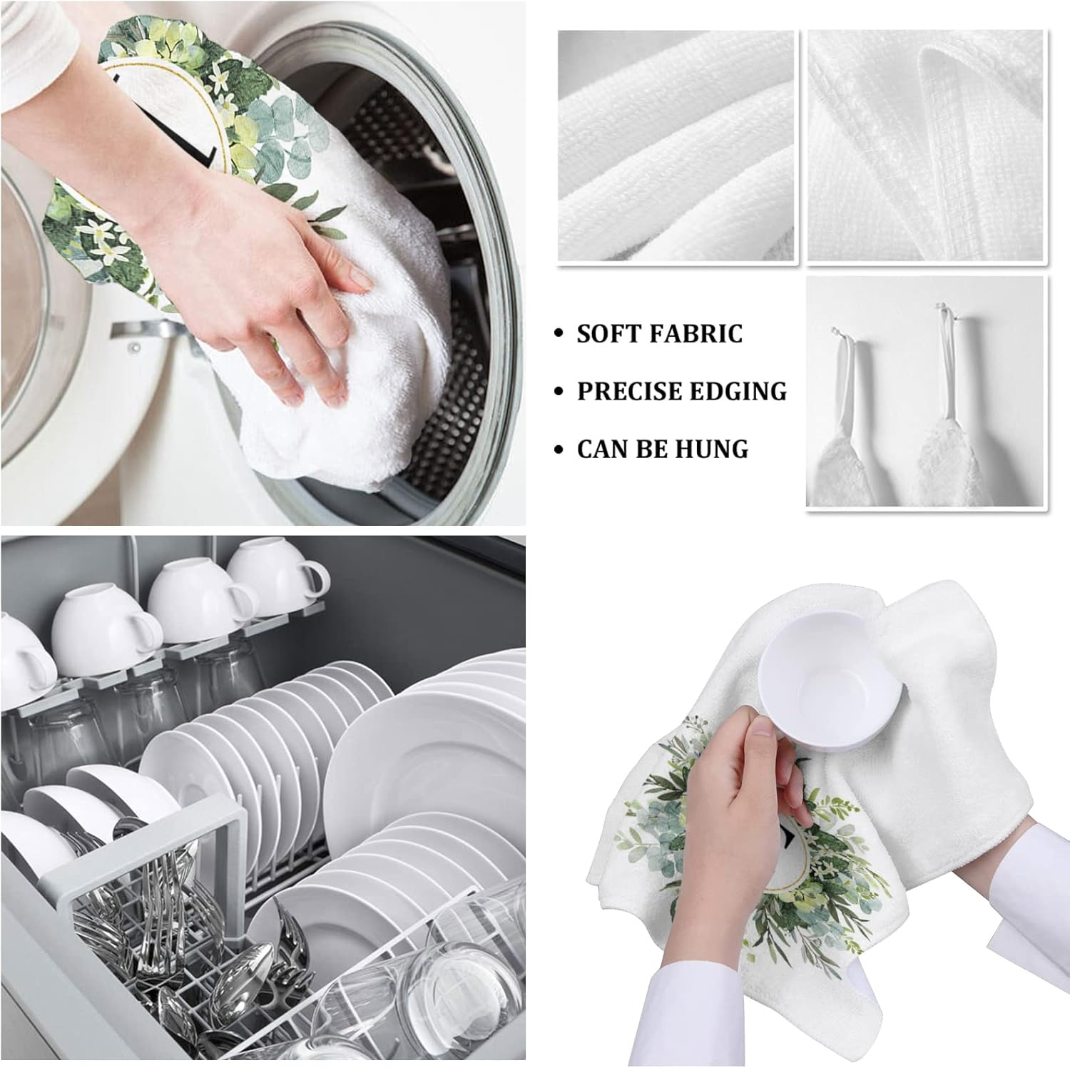 Paquete de 2 toallas de cocina y paños de cocina, monograma de letra E de eucalipto de acuarela primavera verano estilo rural de 18 x 28 pulgadas,
