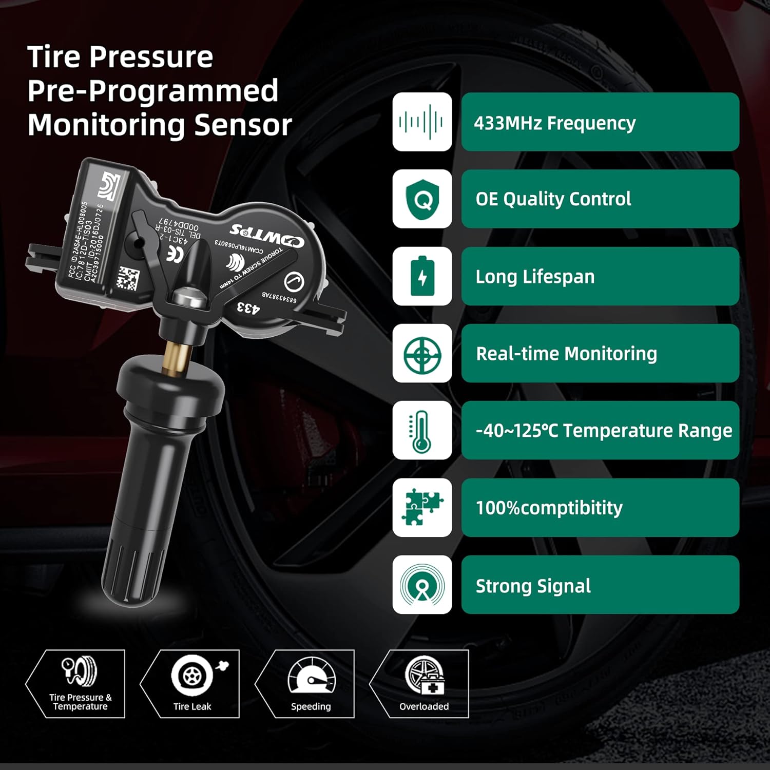CDWTPS Sistema de monitoreo de presión de neumáticos TPMS Sensor 68252493AB 433HMz Fit Dodge Jeep (1 paquete)
