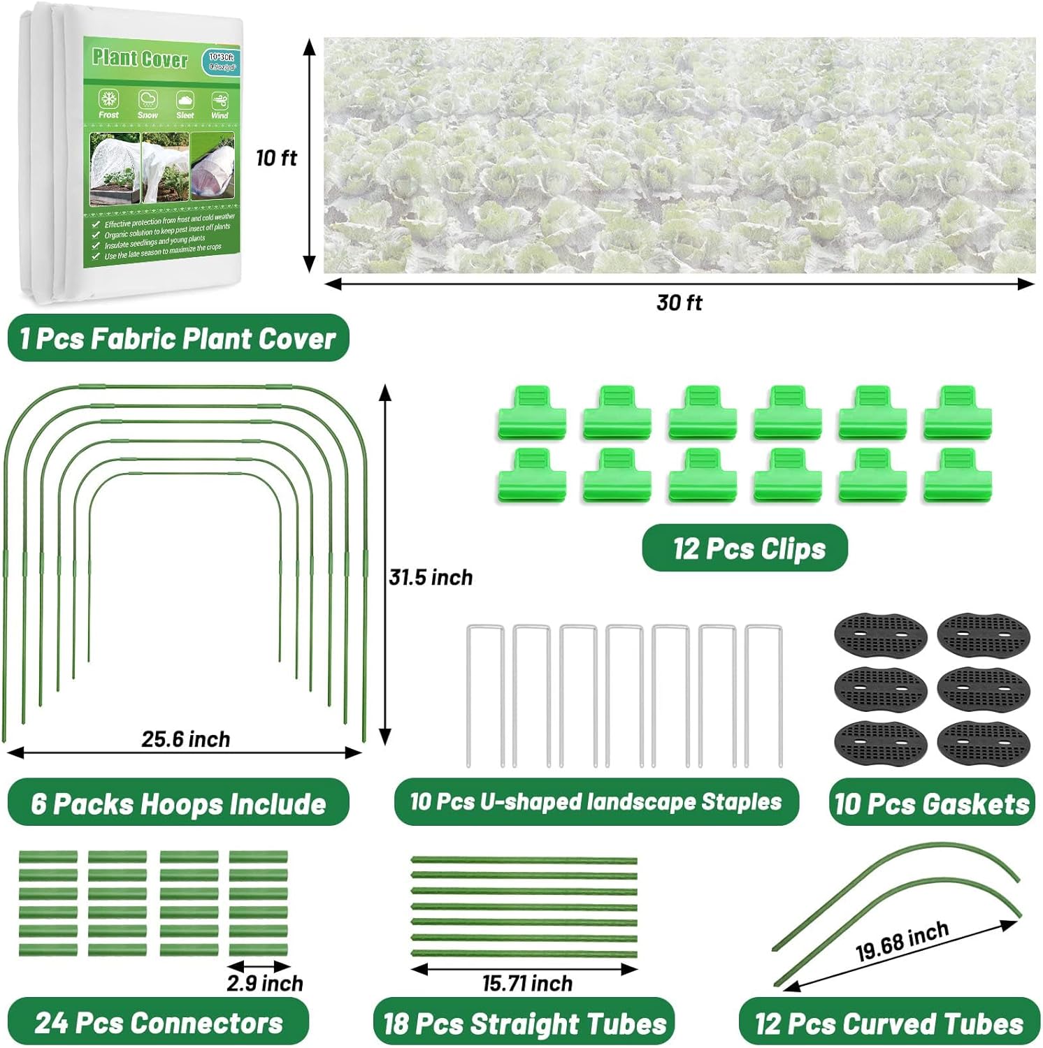 ZOOMSAVO Kit de cubierta para plantas a prueba de heladas de 10 x 30 pies y 6 aros de jardín y 12 clips para invernadero, manta de escarcha,