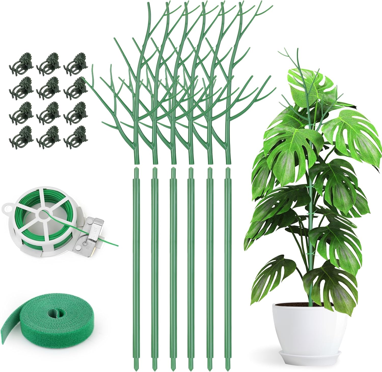 Paquete de 6 estacas de soporte para plantas de interior, ramitas de 27.56 pulgadas con clips de orquídeas, lazos giratorios y lazos de plantas para
