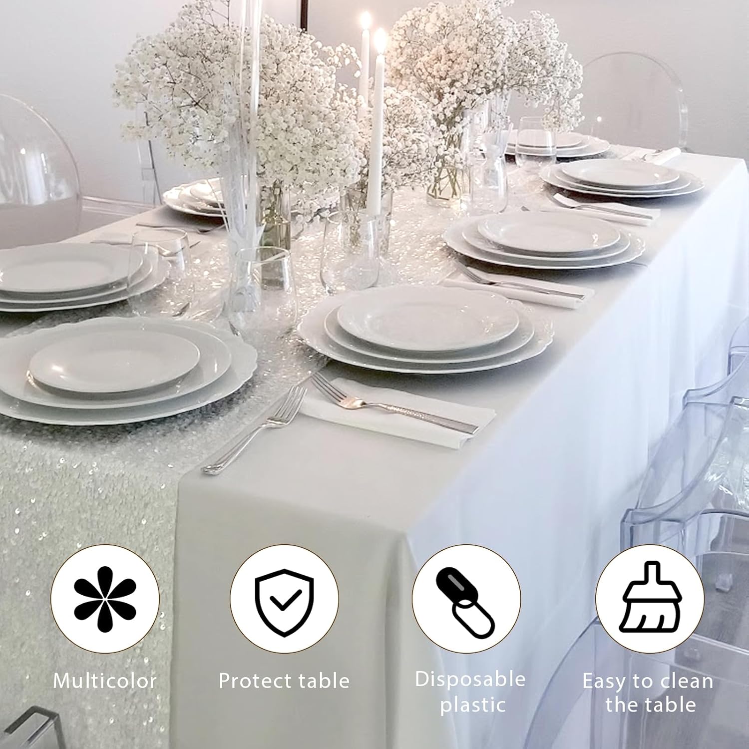 Fixwal Paquete de 6 manteles de plástico para mesas rectangulares, manteles de plástico desechables de plástico blanco de 54 x 108 pulgadas,