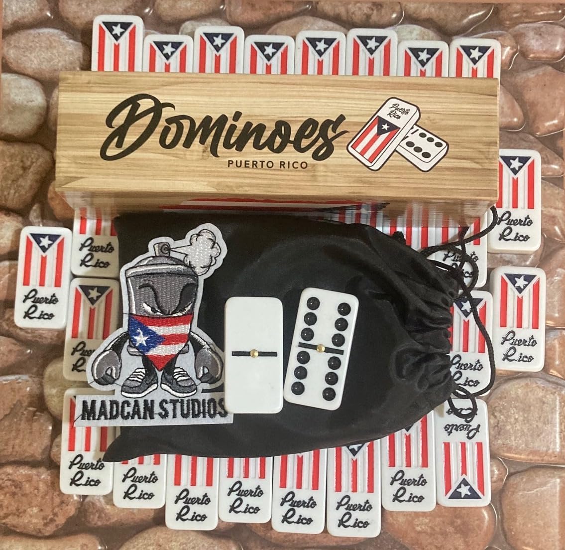 Juego de dominó de Puerto Rico, juego de dominó puertorriqueño, accesorios estilo boricua doble seis dominó de gran tamaño con banderas de Puerto