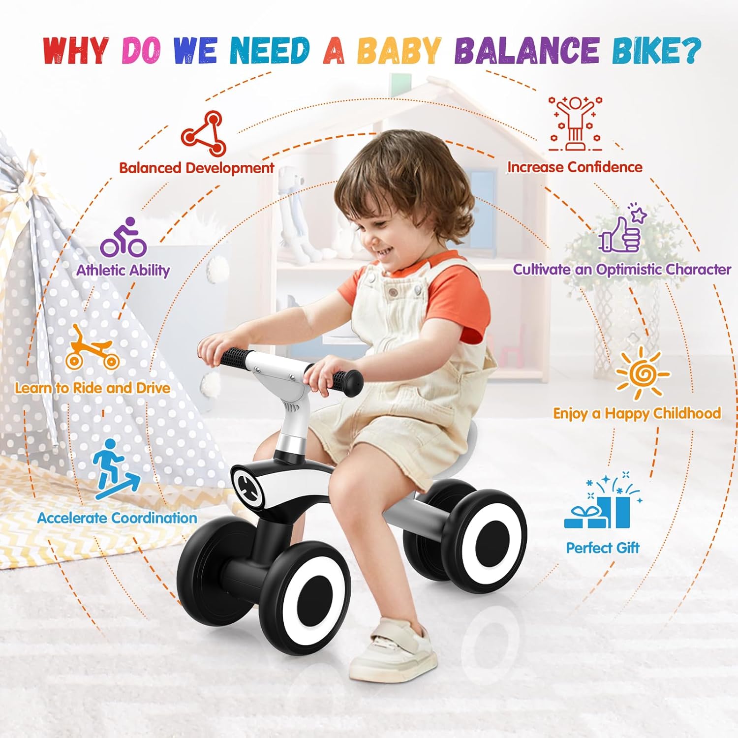 Yoyuto Bicicleta de equilibrio para bebés de 1 año, niños y niñas de 12 a 36 meses, 4 ruedas de silencio, asiento suave, juguetes de primera