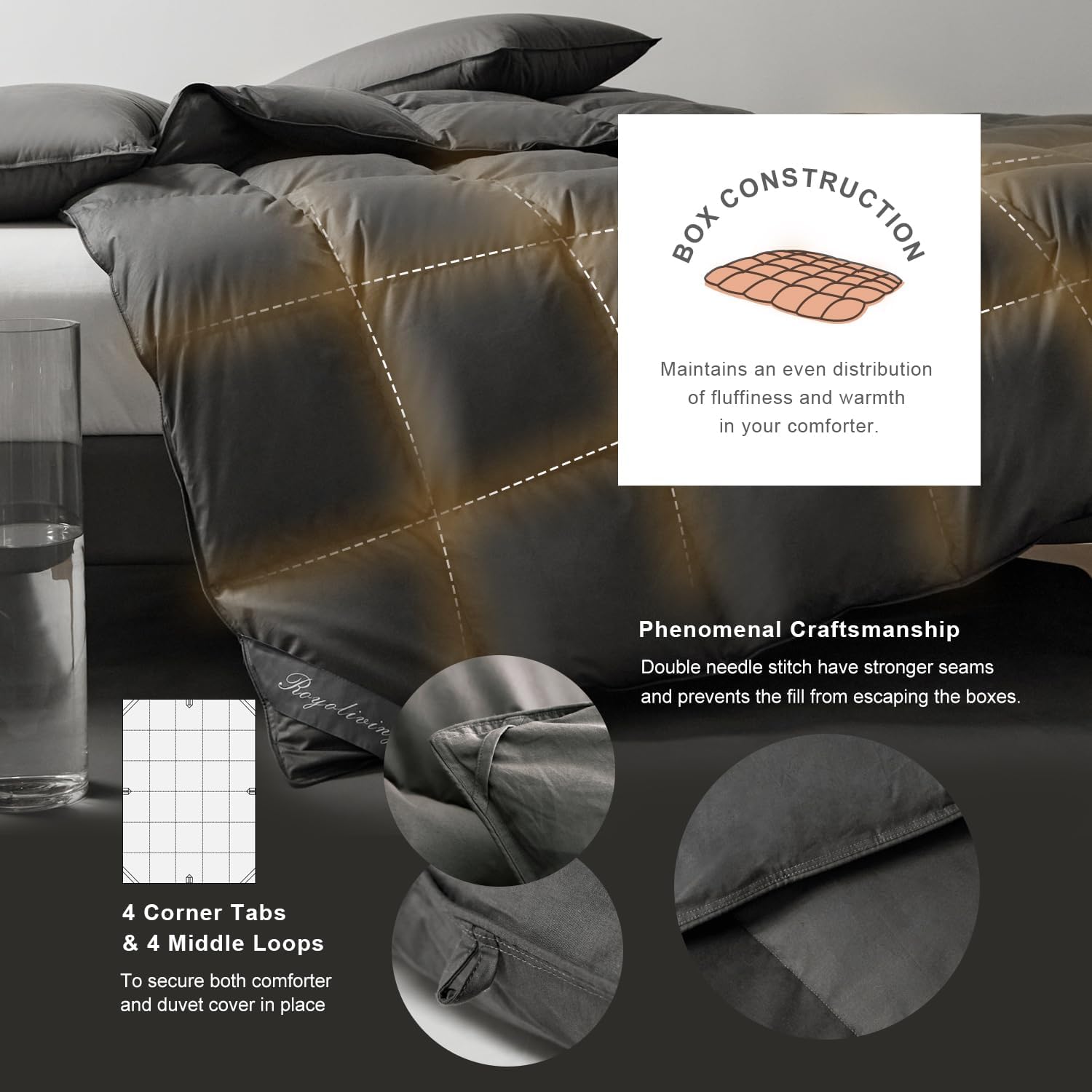 Royoliving – Edredón de plumas de pato gris, pesado, tamaño Queen o matrimonial, grueso, gris carbón, funda de 100 % algodón, para el invierno, con