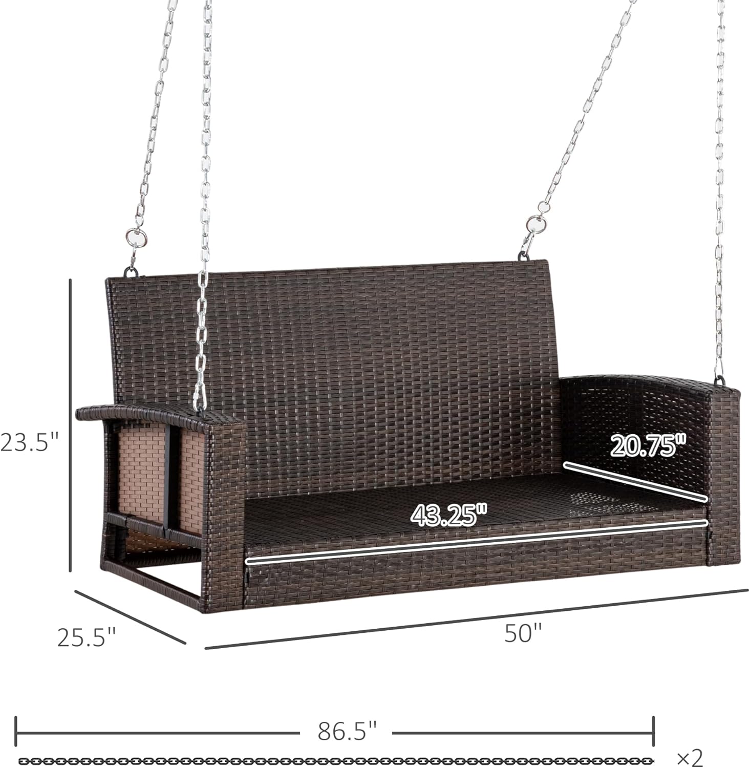 Outsunny Banco colgante de mimbre para 2 personas, silla de columpio para porche delantero al aire libre con cojines, capacidad de peso para patio