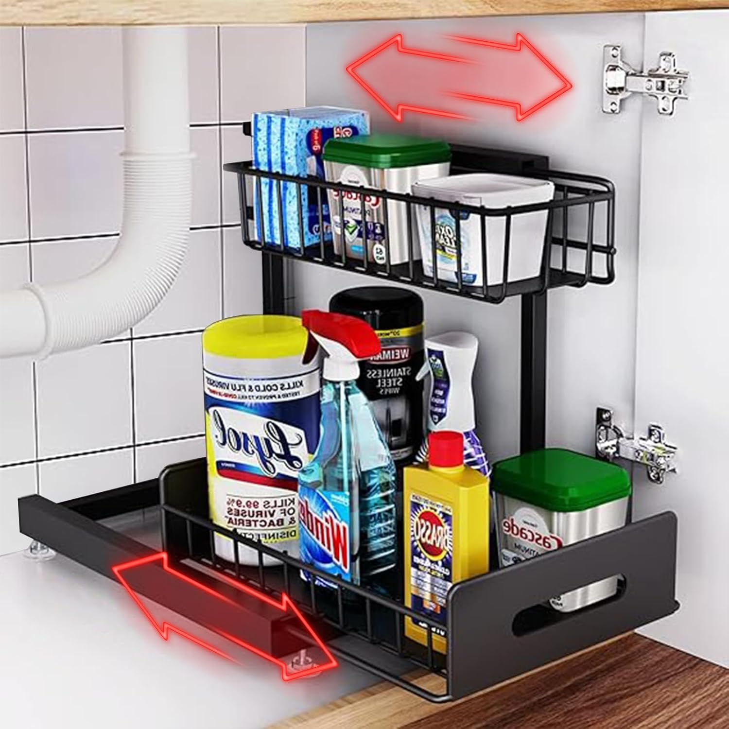 Organizadores deslizantes para debajo del fregadero de 2 niveles en forma de L, almacenamiento de espacio estrecho multiusos para cocina y baño,