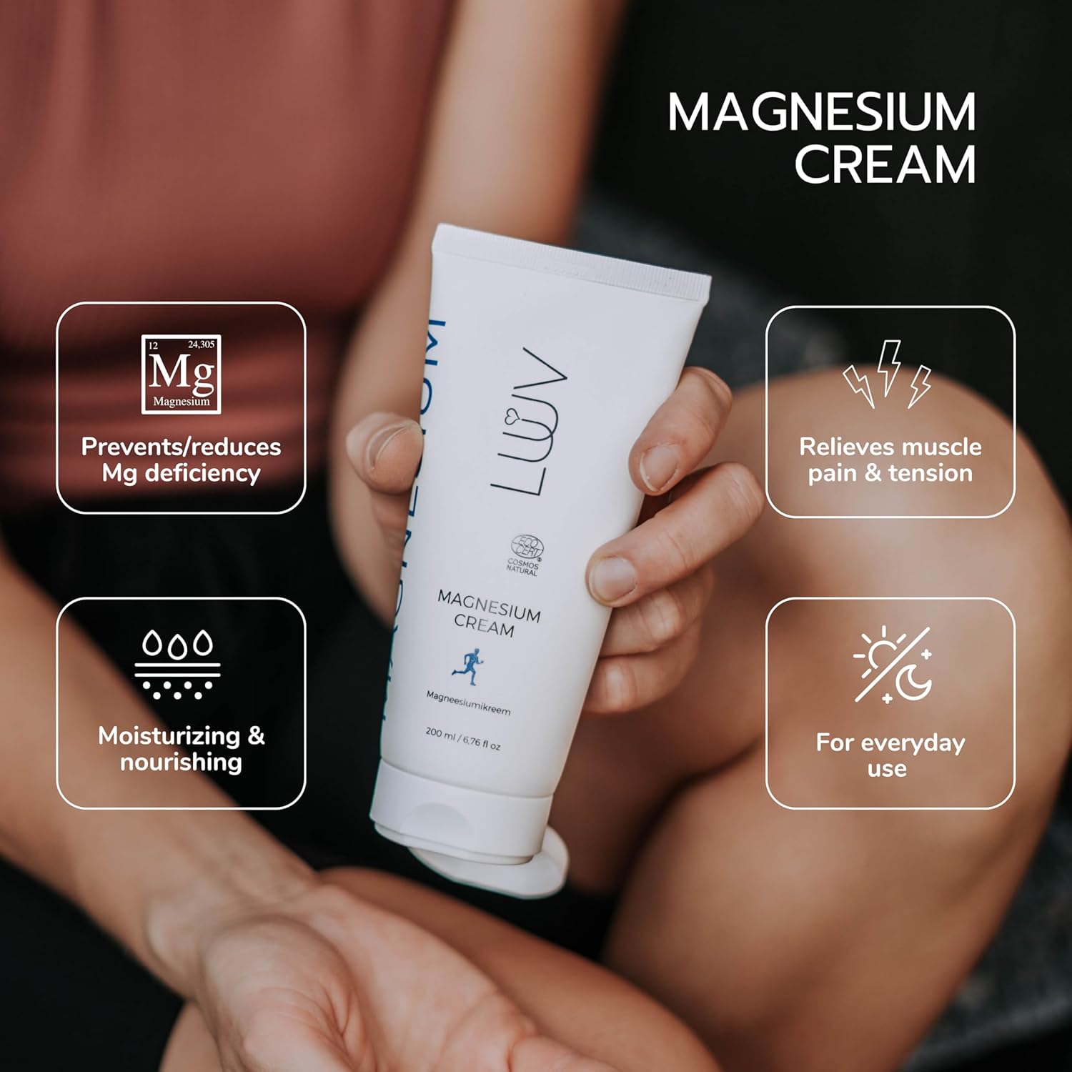 LUUV Crema de magnesio, 6.8 fl oz  6.76 fl oz, certificado Ecocert Cosmos Natural, reduce la deficiencia de magnesio, apoya la relajación y el