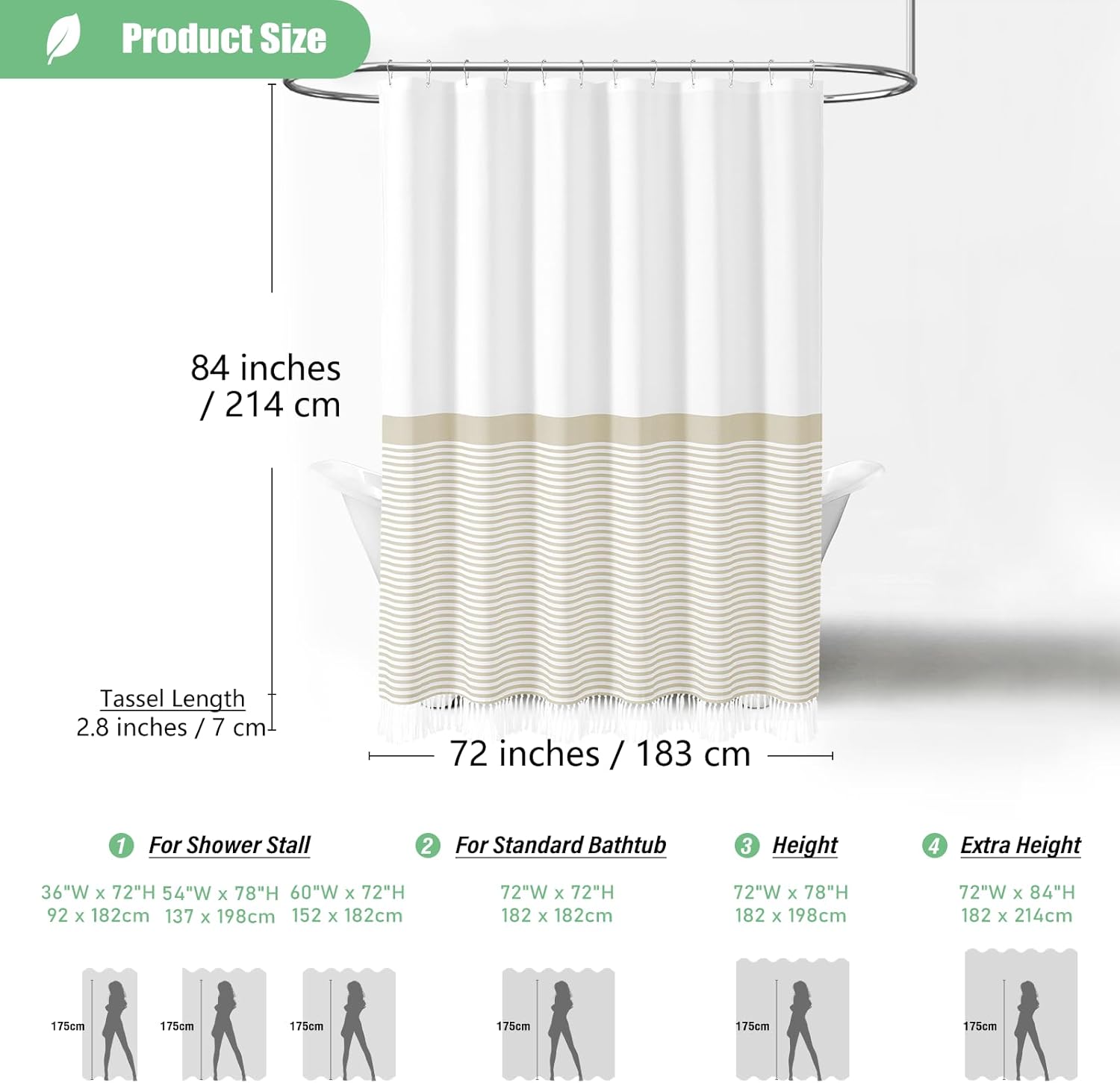 Dynamene Cortinas de ducha extralargas, 84 pulgadas de largo, cortinas de ducha de tela a rayas bohemias con borlas para baño, juego de cortina de