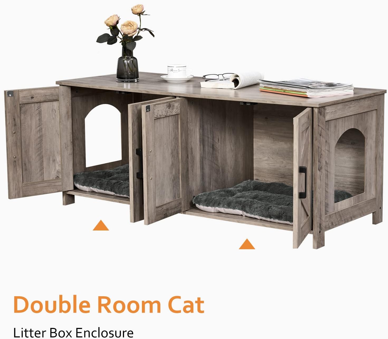 Caja de arena para gatos para 2 gatos, muebles ocultos con habitación doble, muebles de madera para baño, casa para gatos, 47.2 pulgadas de largo x