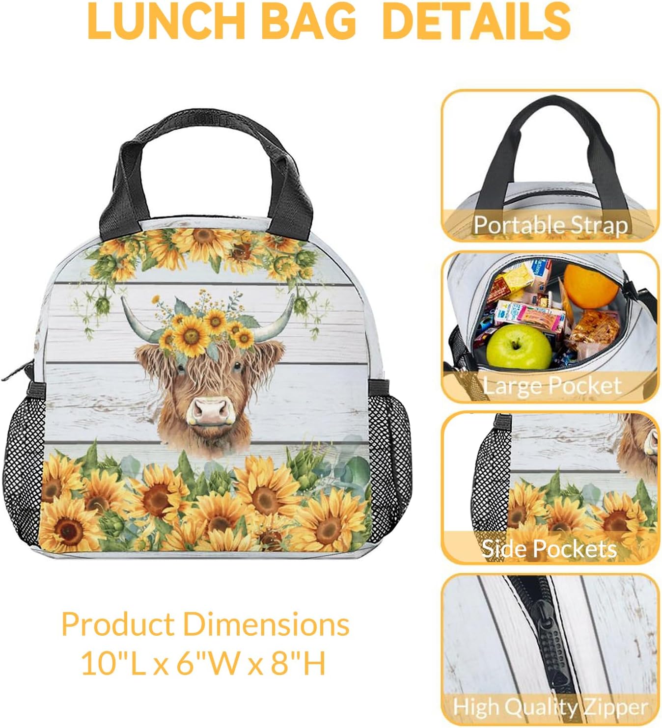 Highland – Lonchera de vaca para mujeres y niñas, pequeñas bolsas de almuerzo aisladas, bonita lonchera reutilizable para adolescentes y niños,