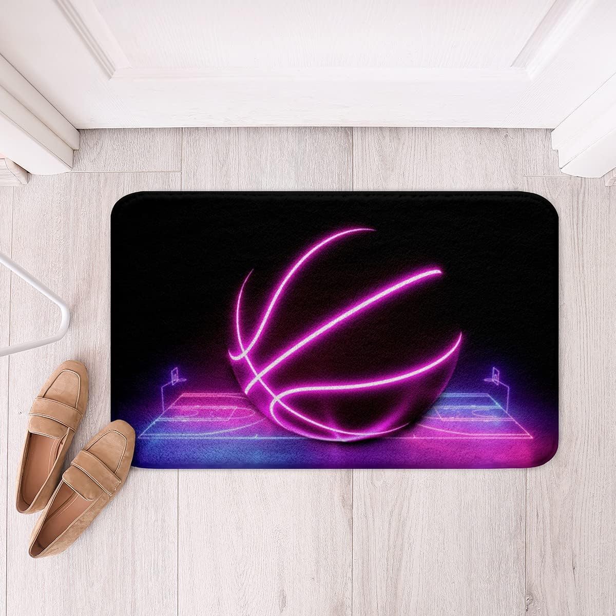 Tapete de baño de baloncesto brillante para niños y niñas, para cancha de baloncesto con degradado neón, antideslizante, absorbente, alfombra de