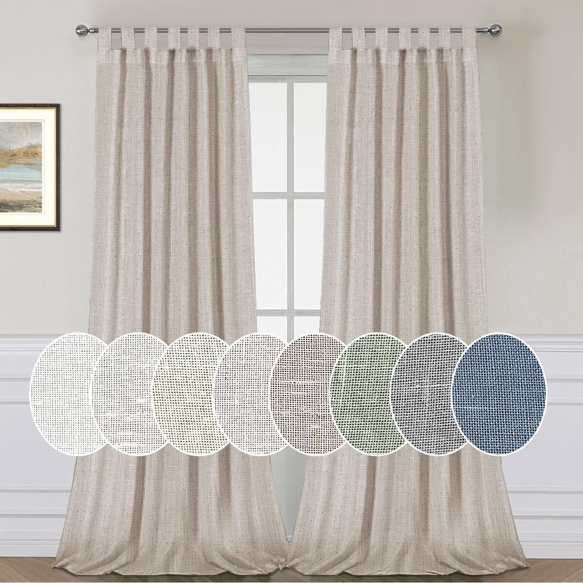 Cortinas de lino para sala de estar, decoración para el hogar, con pestaña superior, privacidad añadida, ahorro de energía, filtro de luz,