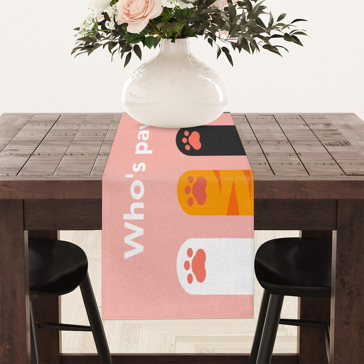 Table Runner Cute Animal Cat Paw Print Quote, Autumn Rustic Linen Table Cloth Kitchen Dining Table Decor for Home Party 13 x 72 Inches