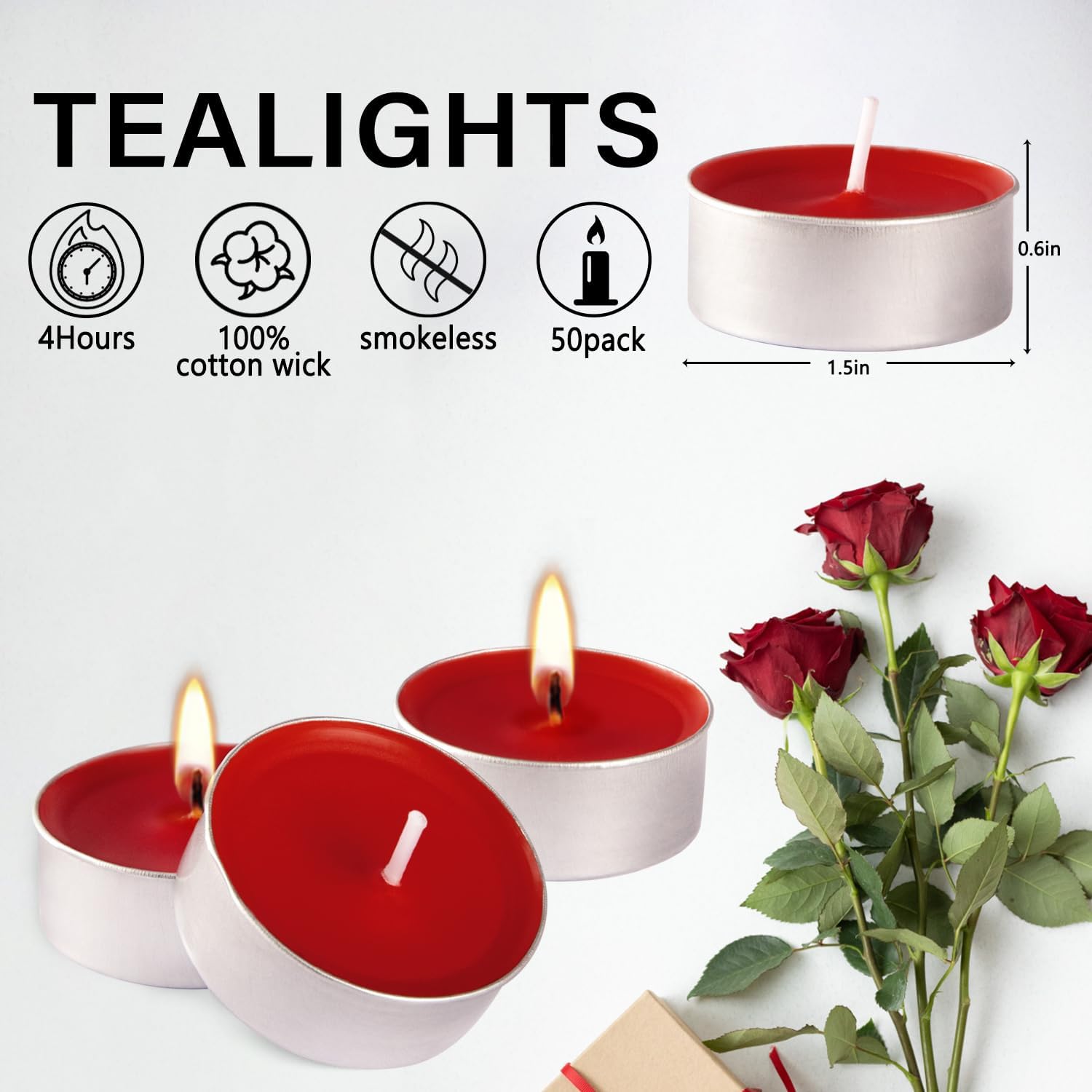 Tealight Candles – Velas de té pequeñas sin perfume de 50 pulgadas a granel, para Shabat, bodas, Navidad, decoración del hogar (4 horas)