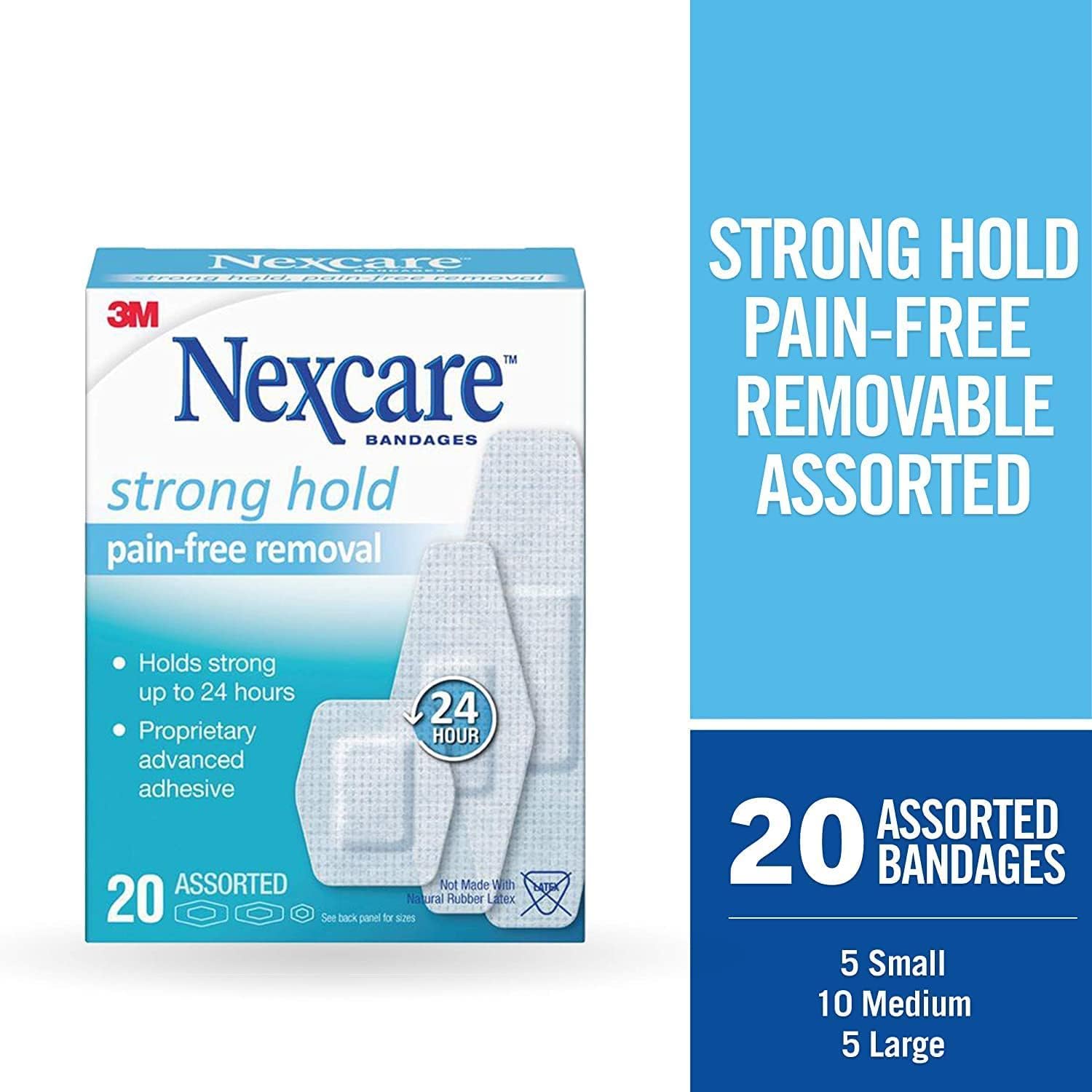 Nexcare Vendajes de sujeción fuerte, surtidos, 20 vendajes por caja (3 cajas), 20 unidades (paquete de 3)
