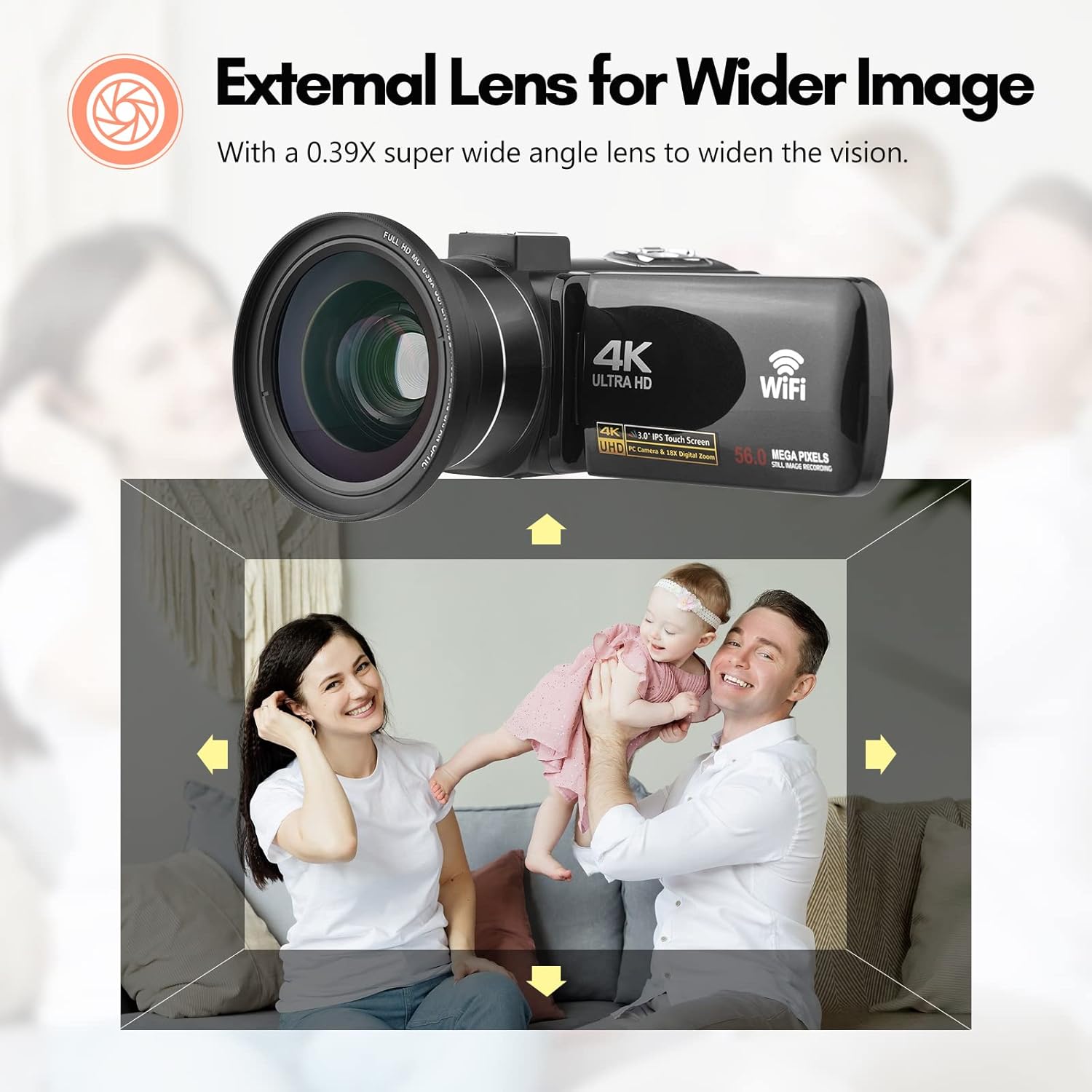 Andoer Cámara de vídeo digital 4K WiFi videocámara DV grabadora 56MP 18X zoom digital 3.0 pulgadas IPS pantalla táctil compatible con detección de