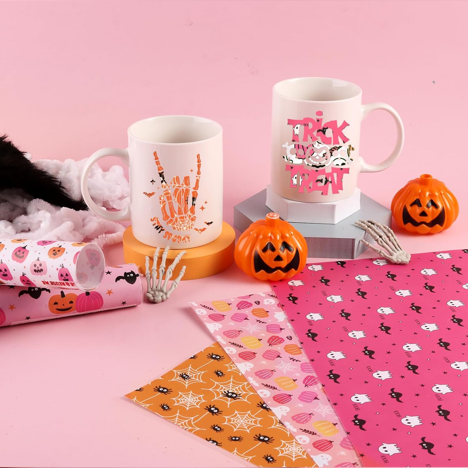 Tintnut Vinilo permanente rosa de Halloween, 5 hojas de 12 x 10 pulgadas, hojas de vinilo adhesivo con patrón de fantasma de calabaza compatibles