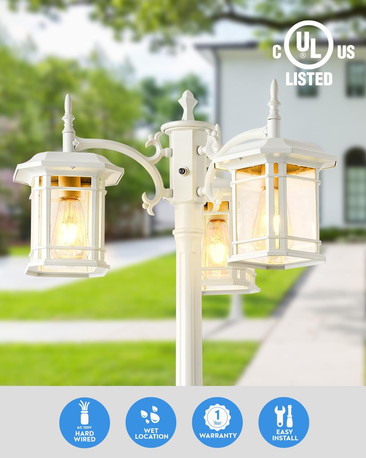 VIANIS Lámpara inteligente con sensor de atardecer a amanecer, 1 paquete de lámpara de camino de aluminio blanco con enchufe E26, 3 x 100 W máx