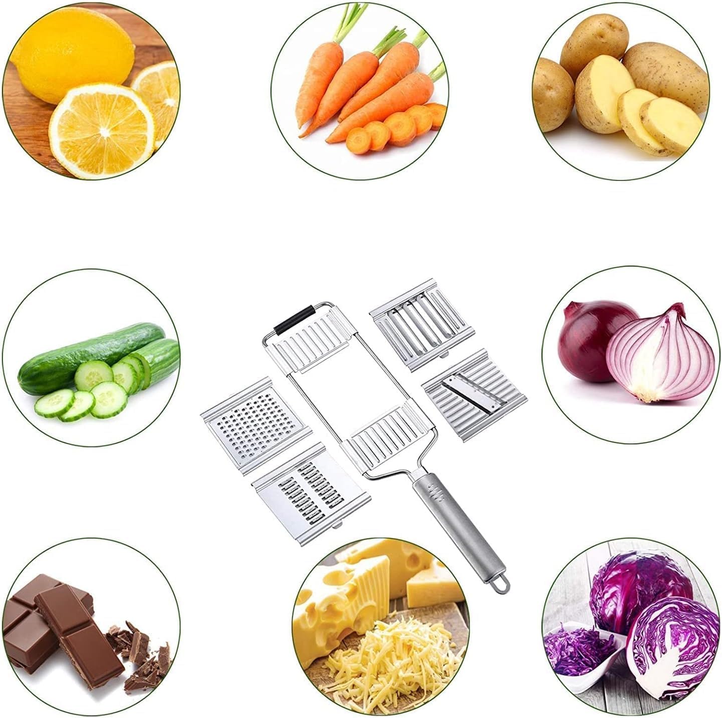 Juego de rebanador de verduras, rallador de queso multiusos, cortador de verduras de cebolla, triturador de mano de acero inoxidable, trituradora de