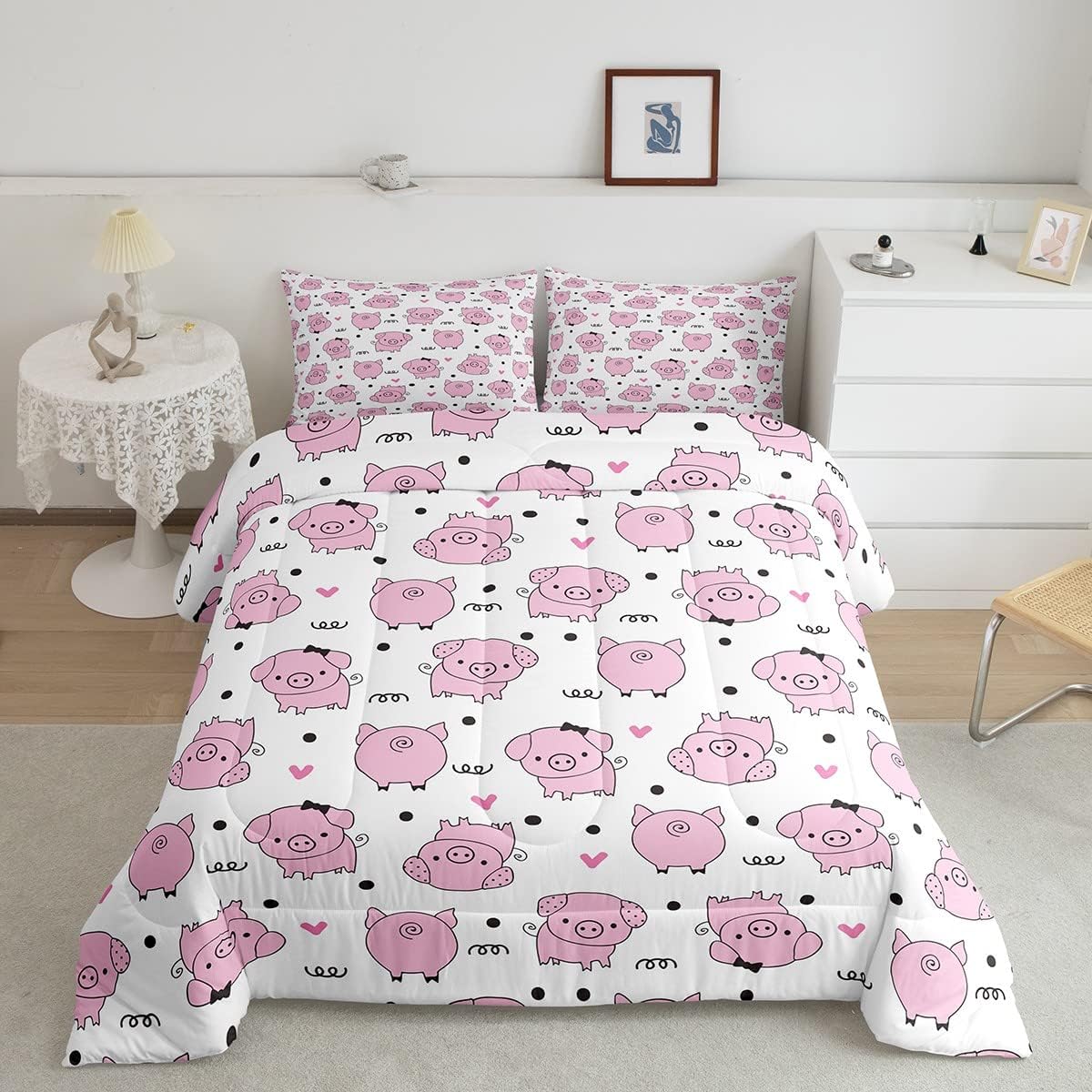 Erosebridal Juego de edredón de cerdo rosa para niñas, decoración de habitación kawaii, juego de ropa de cama de lindos cerdos para niños y niños,