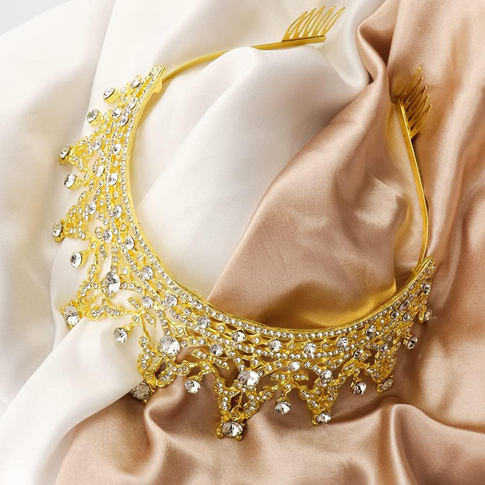 Tiaras doradas con peine para mujer, diadema de cumpleaños, corona de reina para mujer, tiara dorada con diamantes de imitación transparentes para