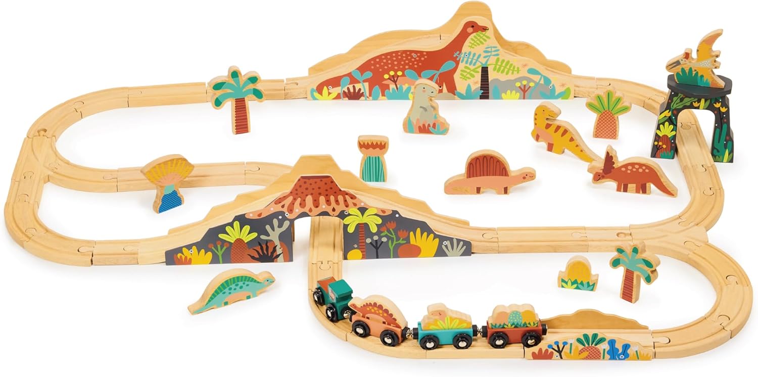 Lost World – Juego de ferrocarril temático de dinosaurios con pistas y accesorios, madera, juego creativo, imaginativo, juguete interactivo