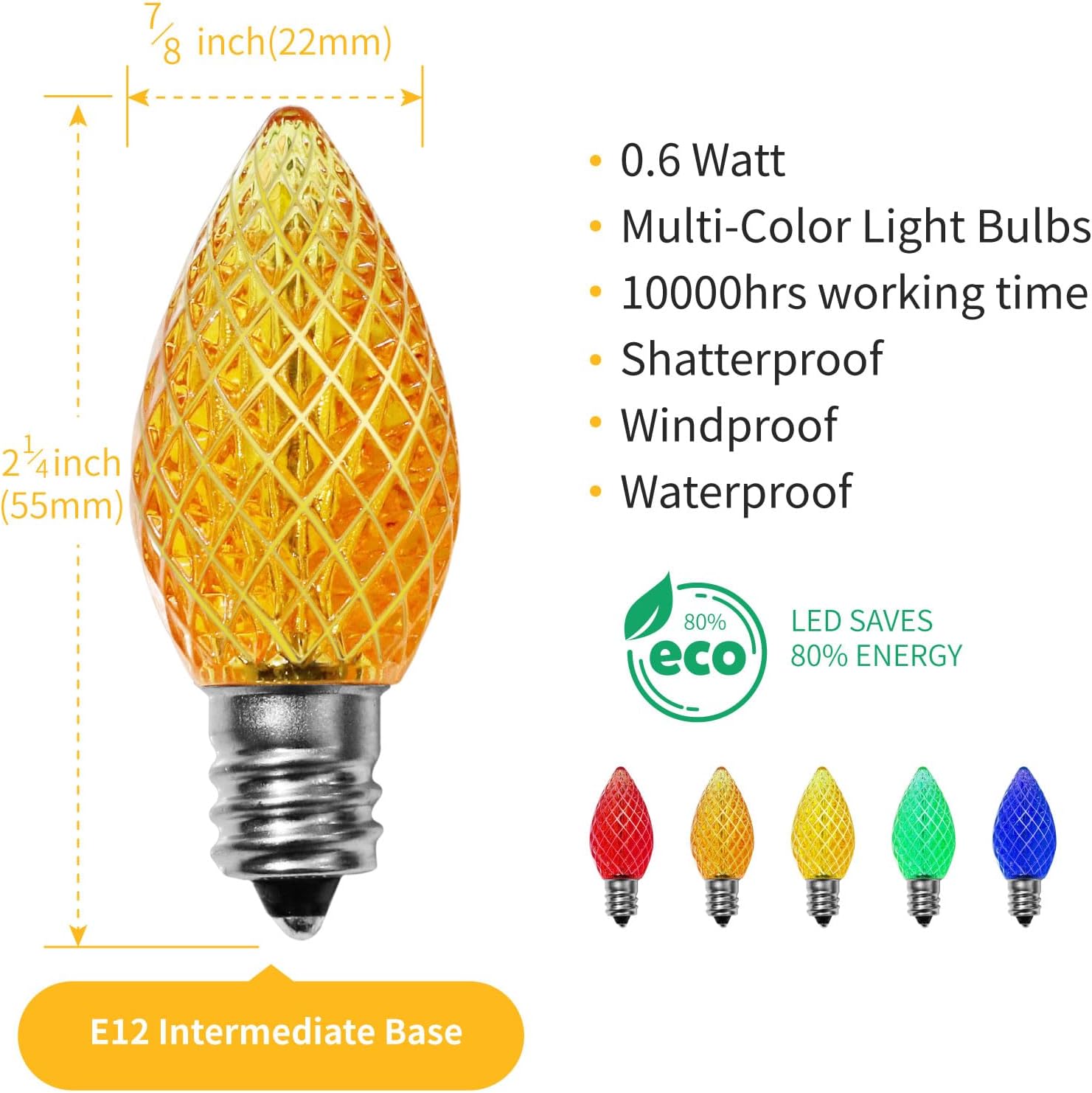 Meconard Bombillas LED C7 de repuesto de Navidad, bombillas LED inastillables C7 para luces de Navidad para interiores y exteriores, base de