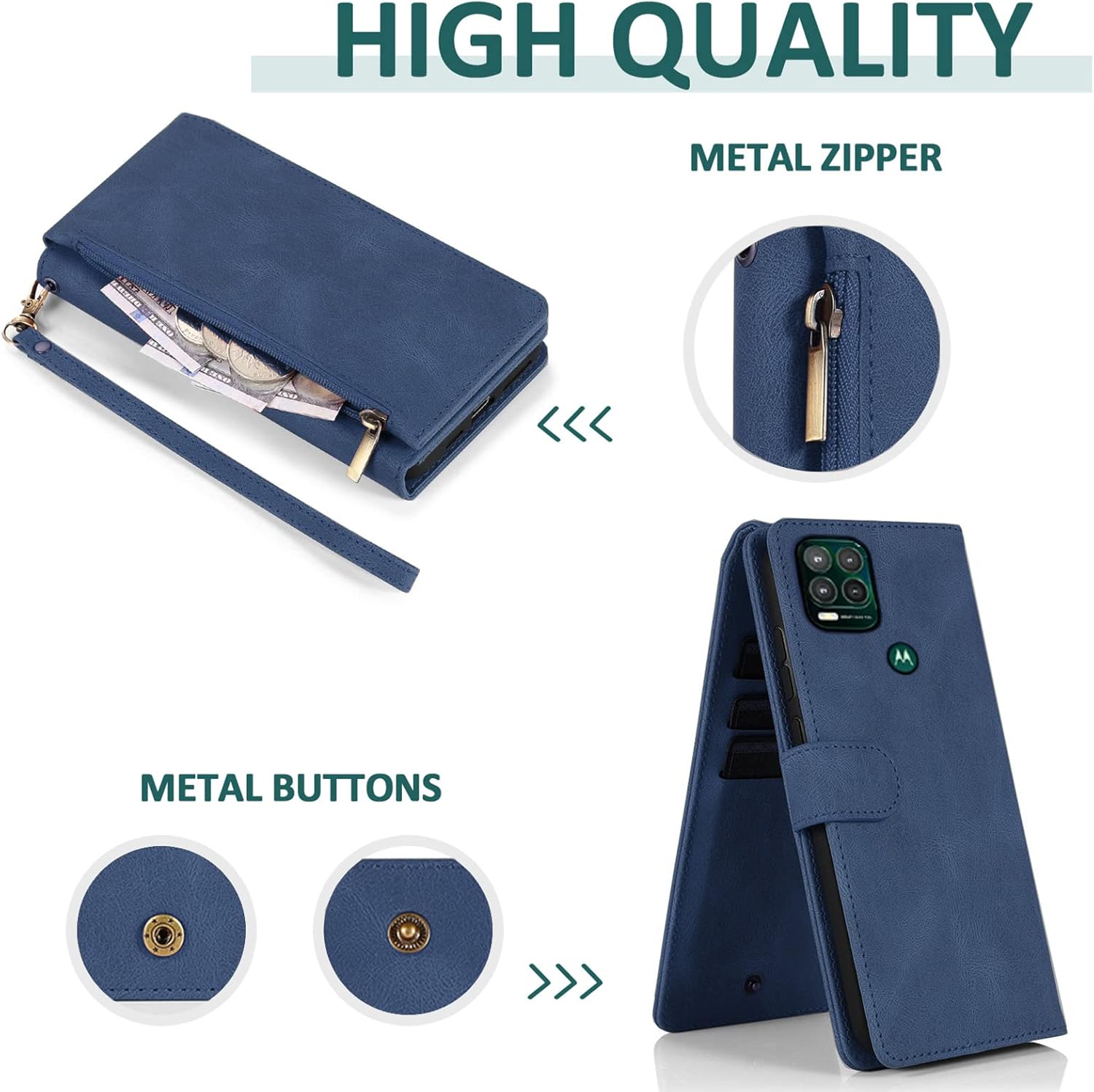 Funda compatible con Moto G Stylus 5G 2021, protector de pantalla de vidrio templado, cierre de cremallera, funda de piel retro, soporte para